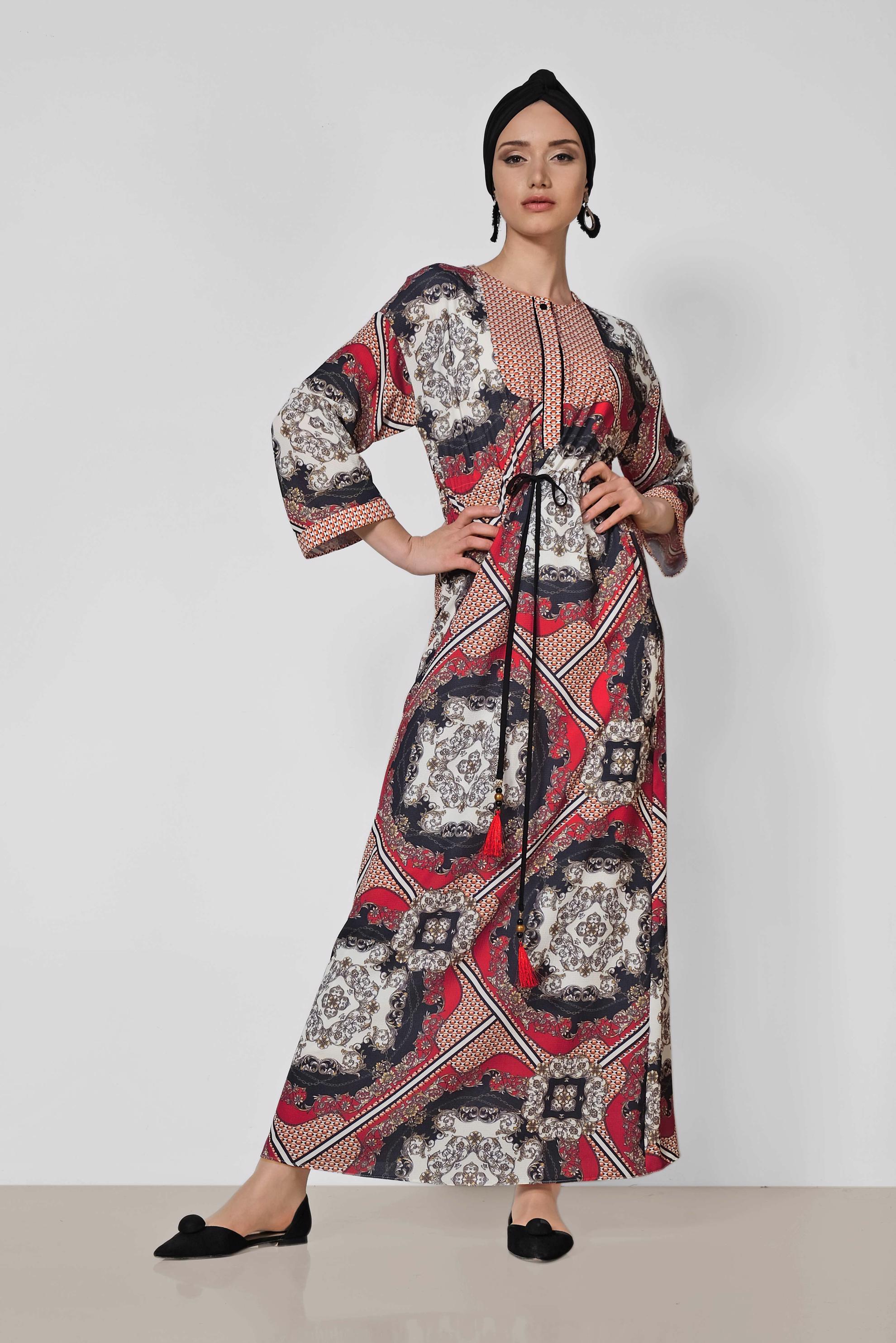 Tesettür giyim BORDO BELİ BÜZGÜLÜ DESENLİ ELBİSE 4107