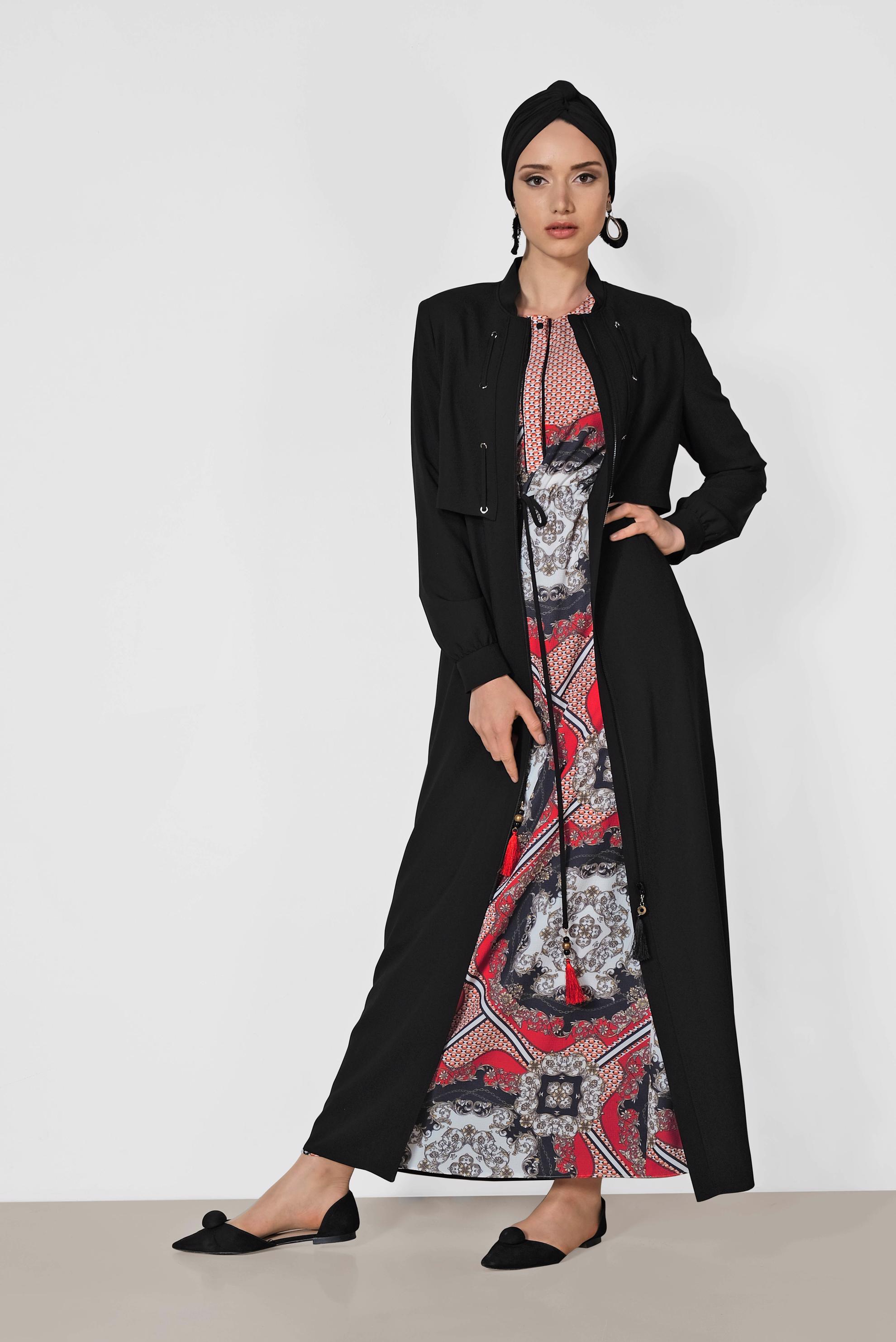 Tesettür giyim BORDO BELİ BÜZGÜLÜ DESENLİ ELBİSE 4107