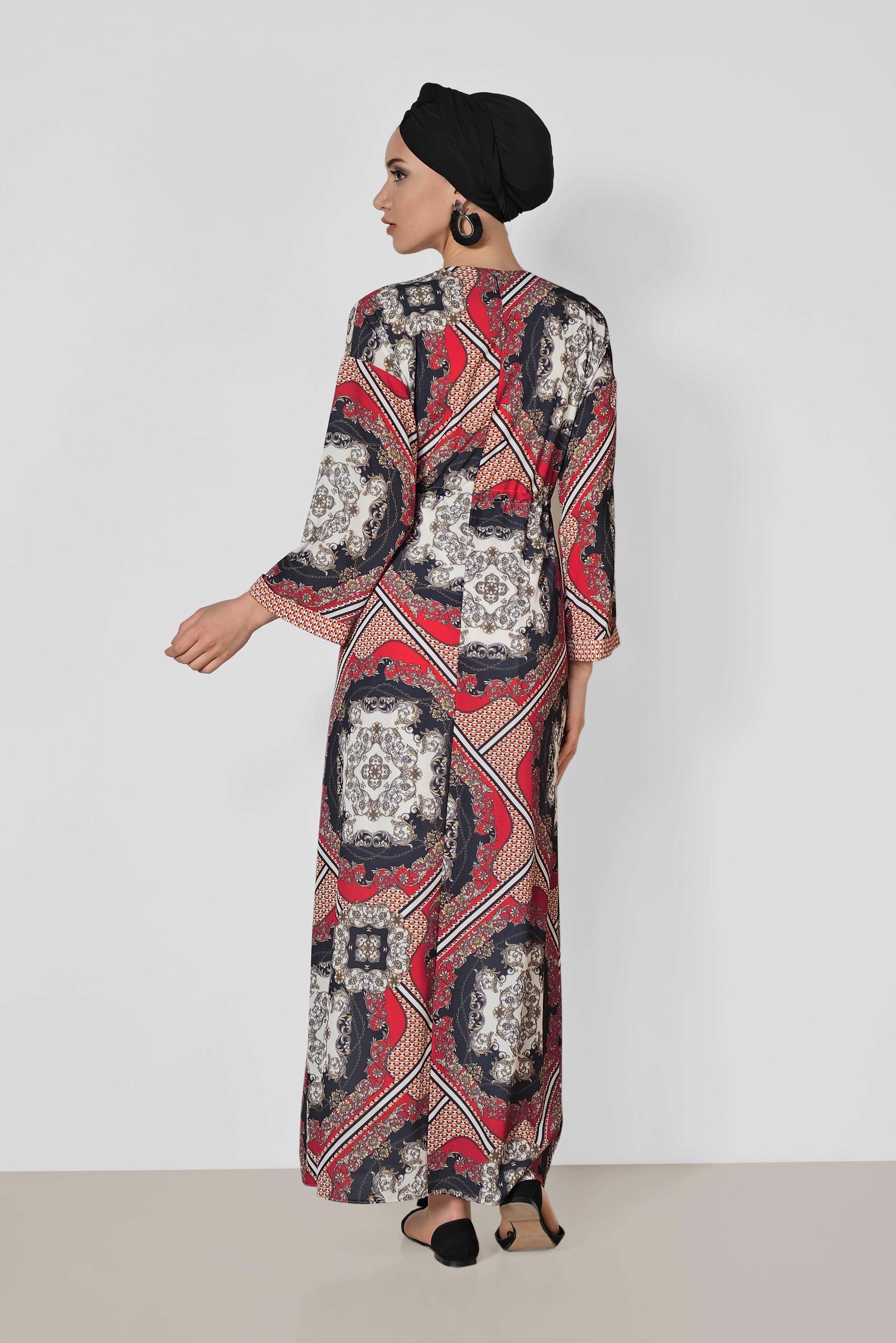 Tesettür giyim BORDO BELİ BÜZGÜLÜ DESENLİ ELBİSE 4107