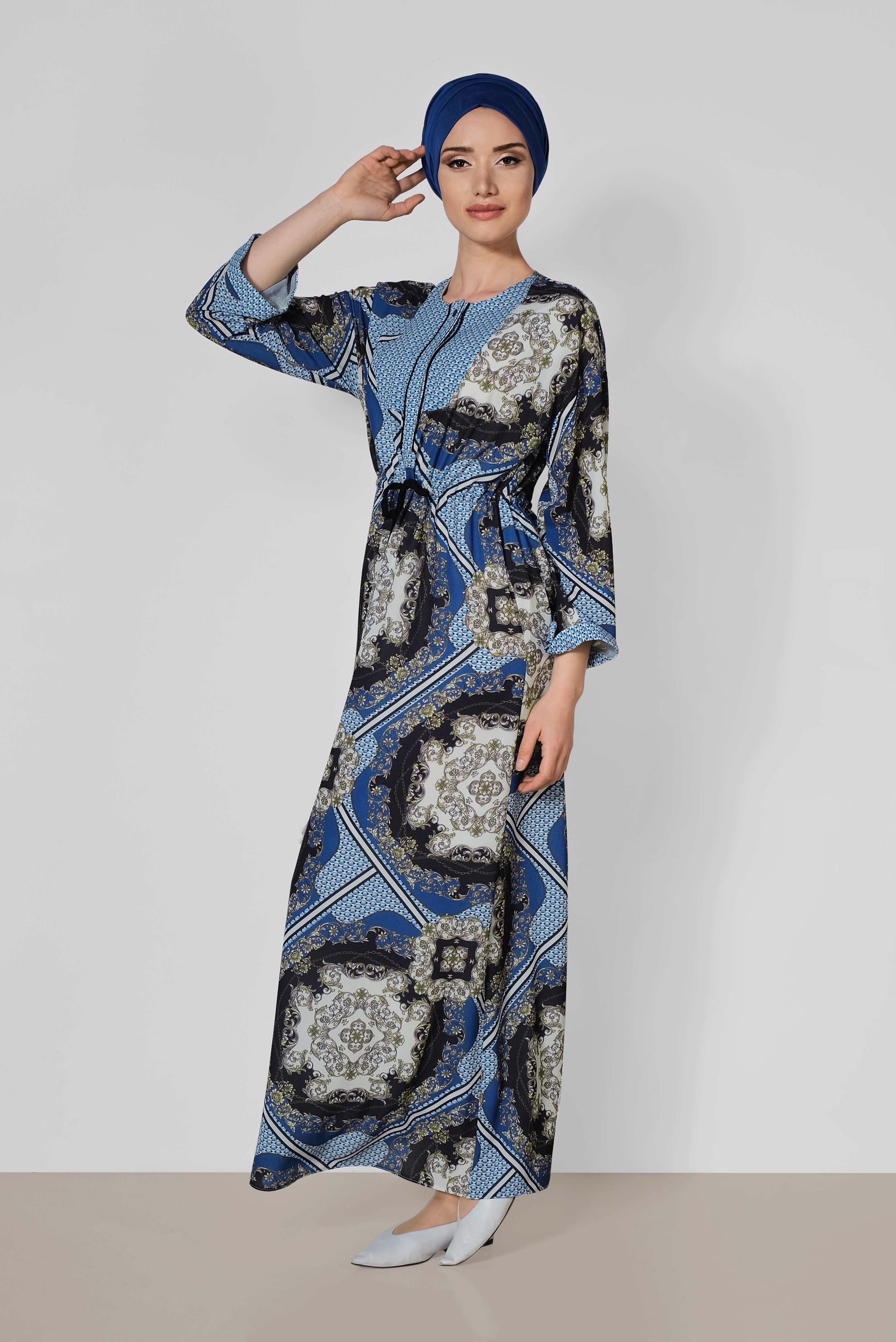 Tesettür giyim LACİVERT BELİ BÜZGÜLÜ DESENLİ ELBİSE 4107