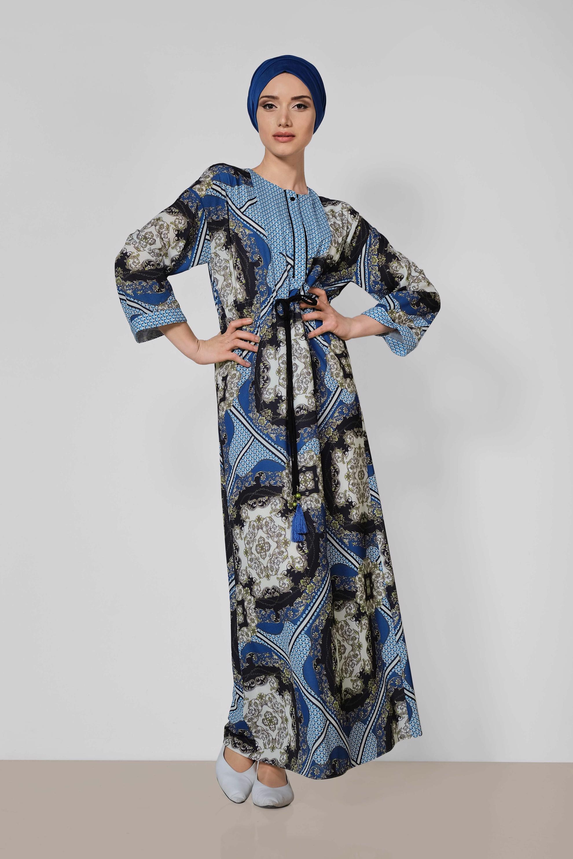 Tesettür giyim LACİVERT BELİ BÜZGÜLÜ DESENLİ ELBİSE 4107