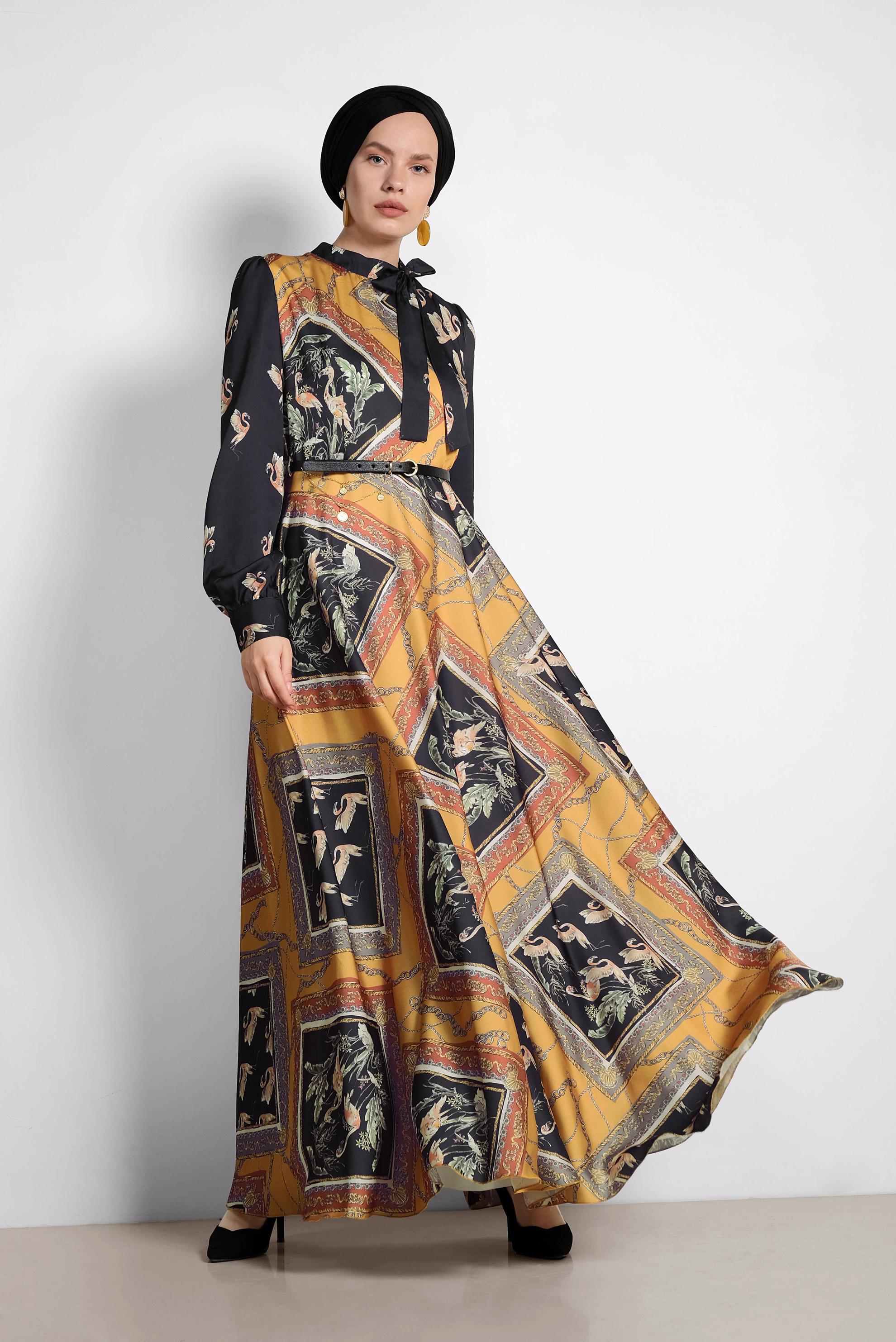 Tesettür giyim SARI DESENLİ SATEN ELBİSE 4125