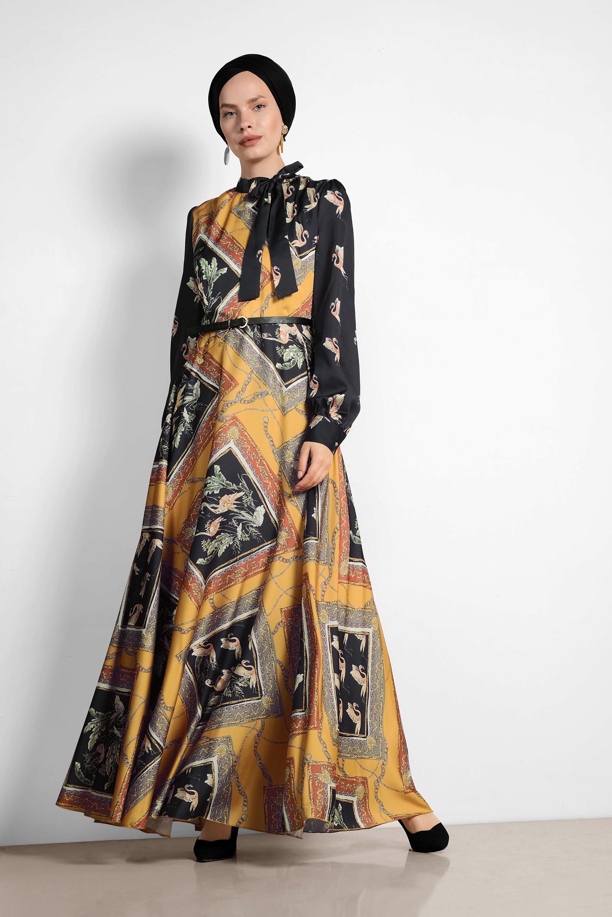 Tesettür giyim SARI DESENLİ SATEN ELBİSE 4125