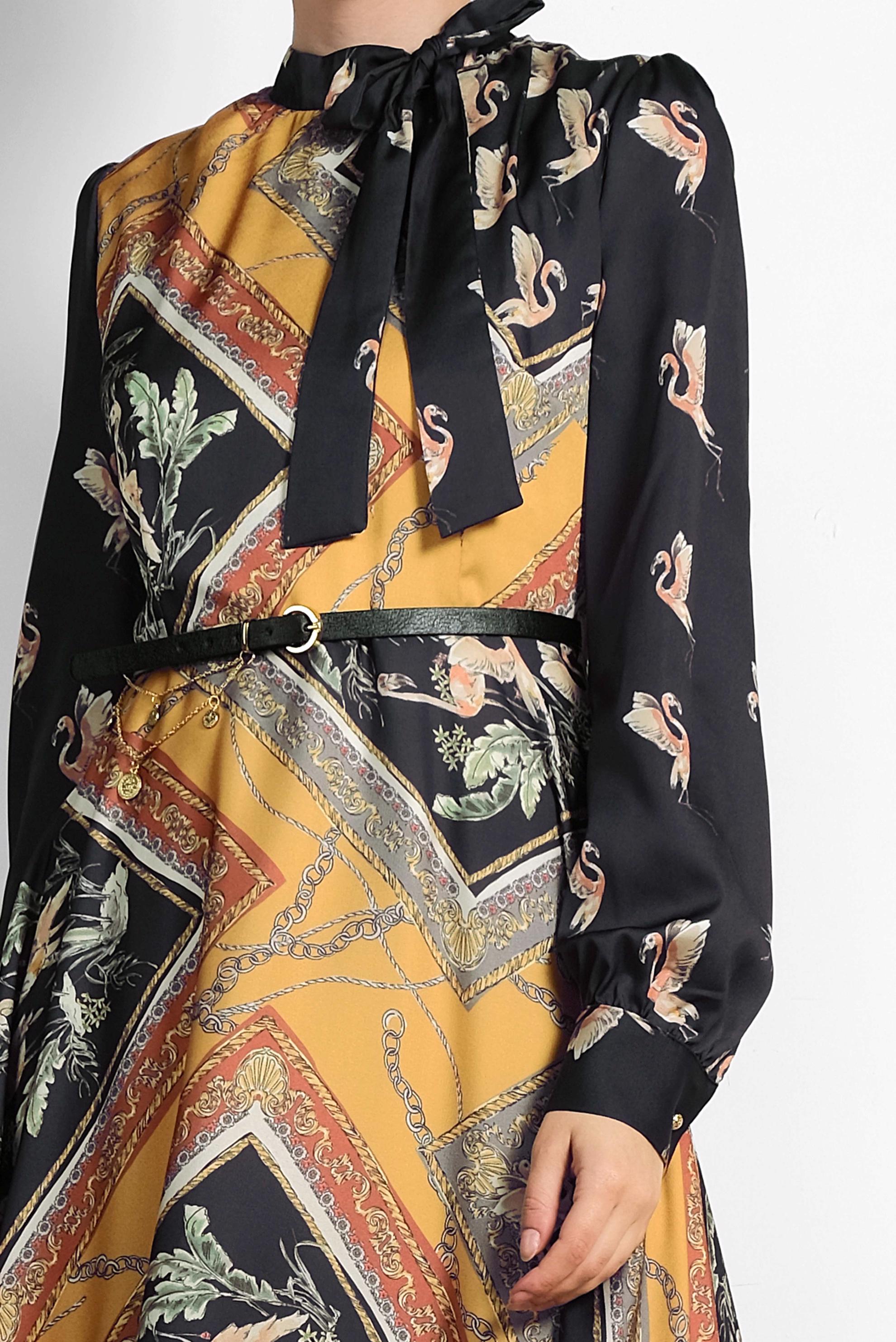 Tesettür giyim SARI DESENLİ SATEN ELBİSE 4125