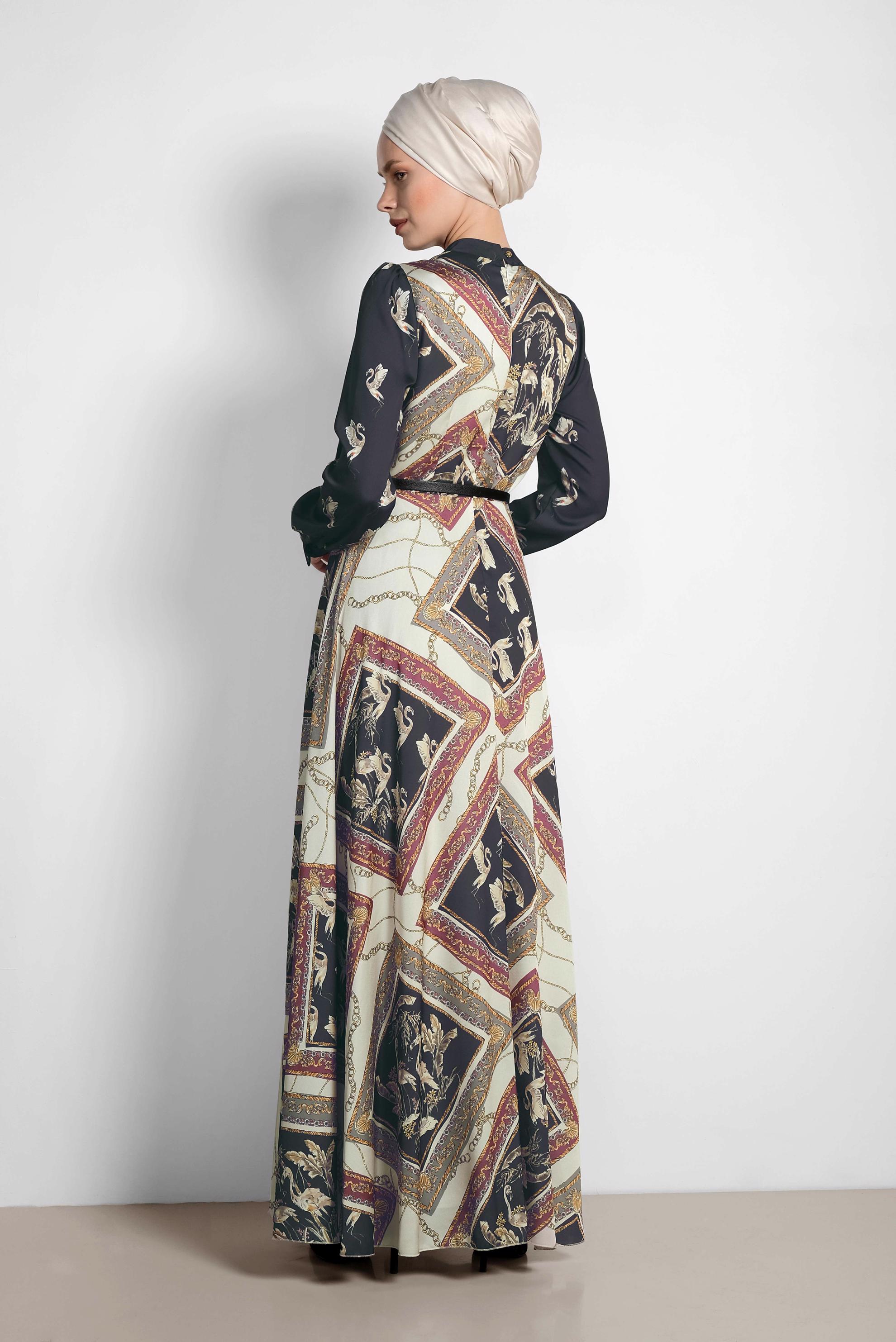 Tesettür giyim GRİ DESENLİ SATEN ELBİSE 4125