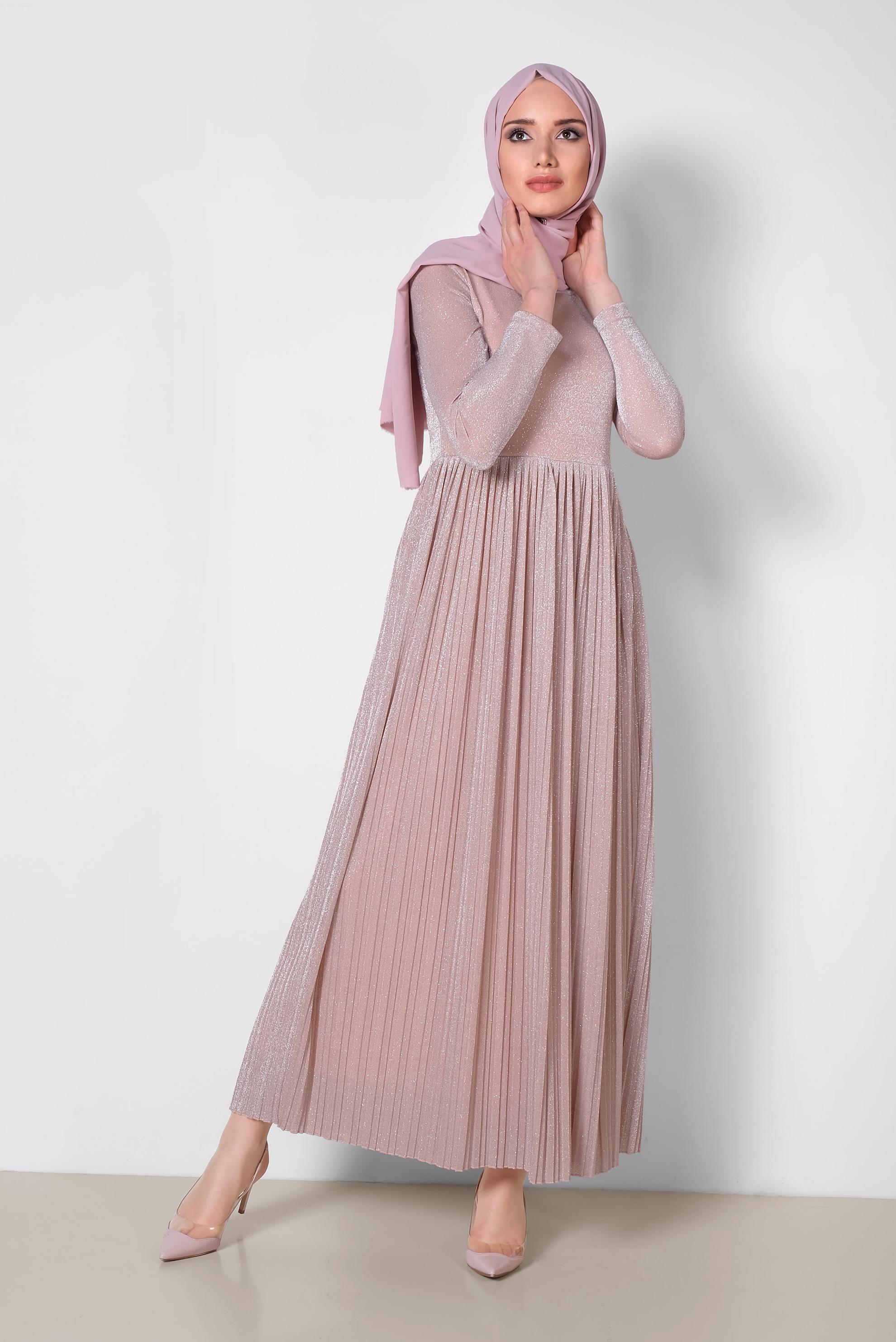 Tesettür giyim PUDRA PİLİSELİ SİMLİ ELBİSE 4126