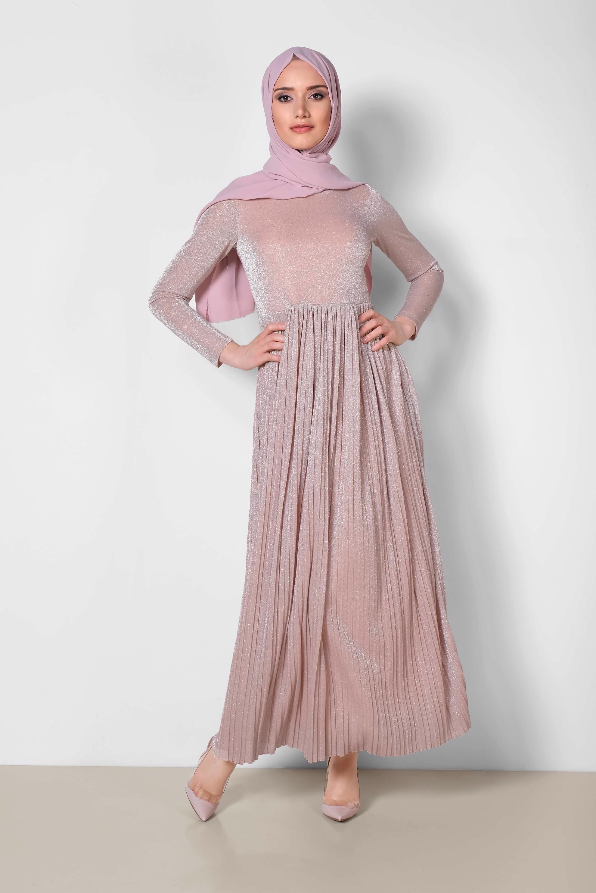 Tesettür giyim PUDRA PİLİSELİ SİMLİ ELBİSE 4126