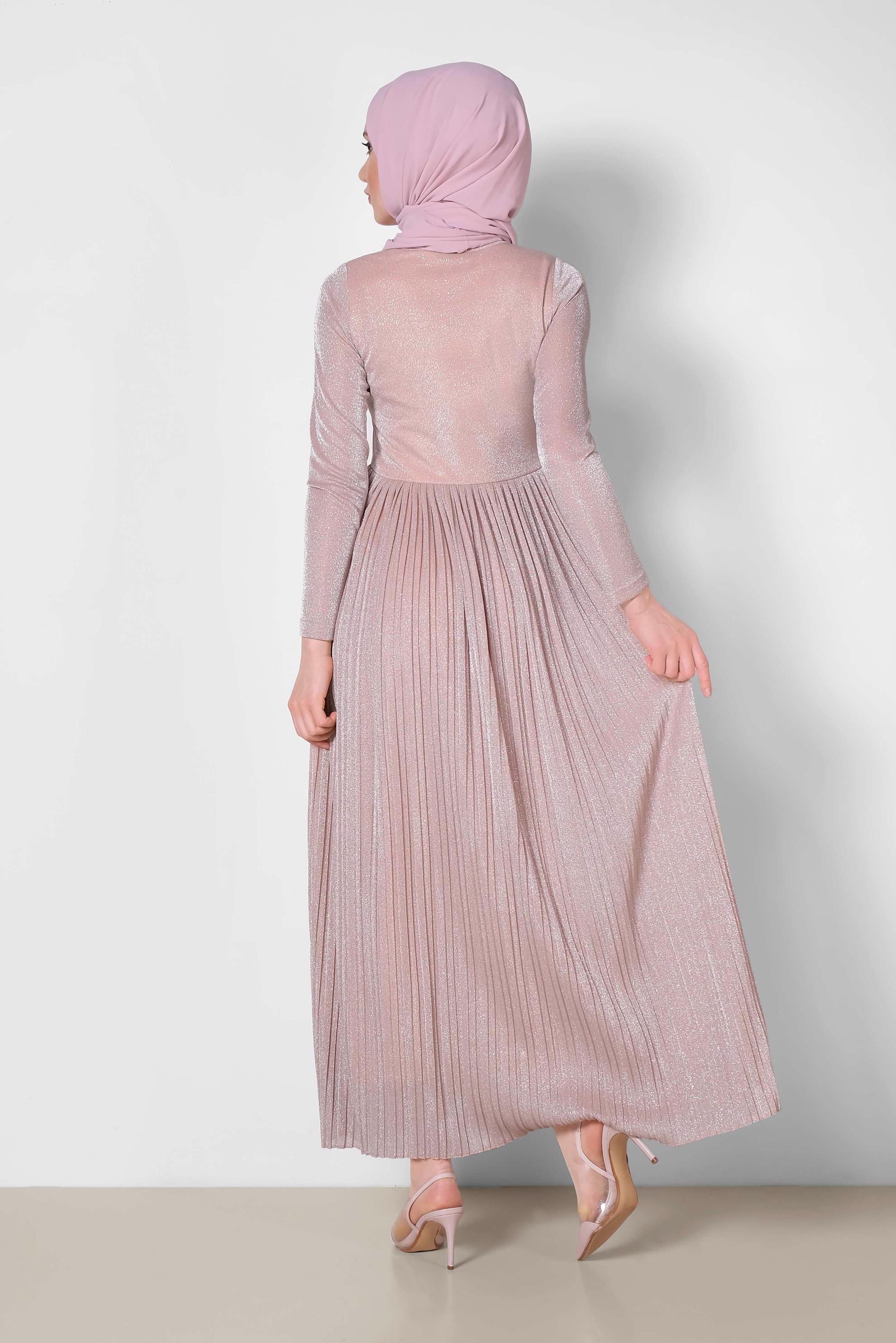 Tesettür giyim PUDRA PİLİSELİ SİMLİ ELBİSE 4126
