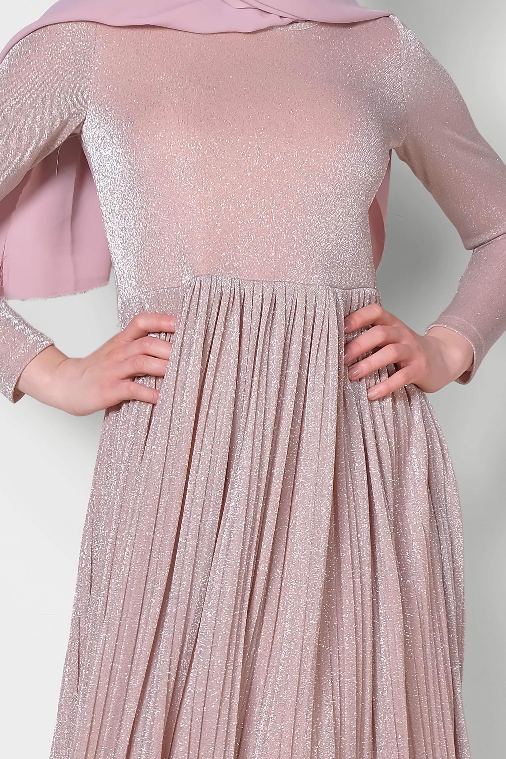 Tesettür giyim PUDRA PİLİSELİ SİMLİ ELBİSE 4126