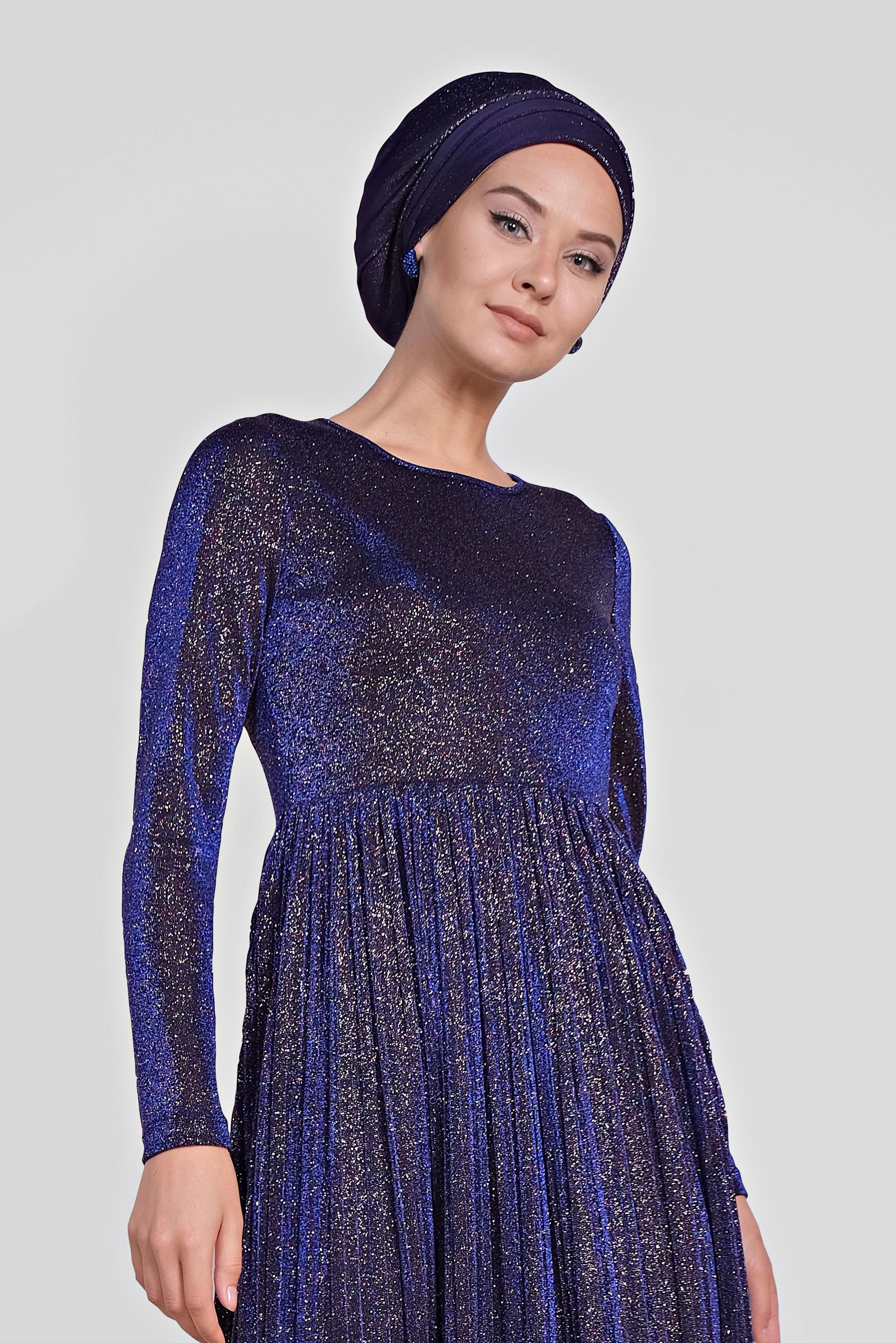 Tesettür giyim MAVİ PİLİSELİ SİMLİ ELBİSE 4126