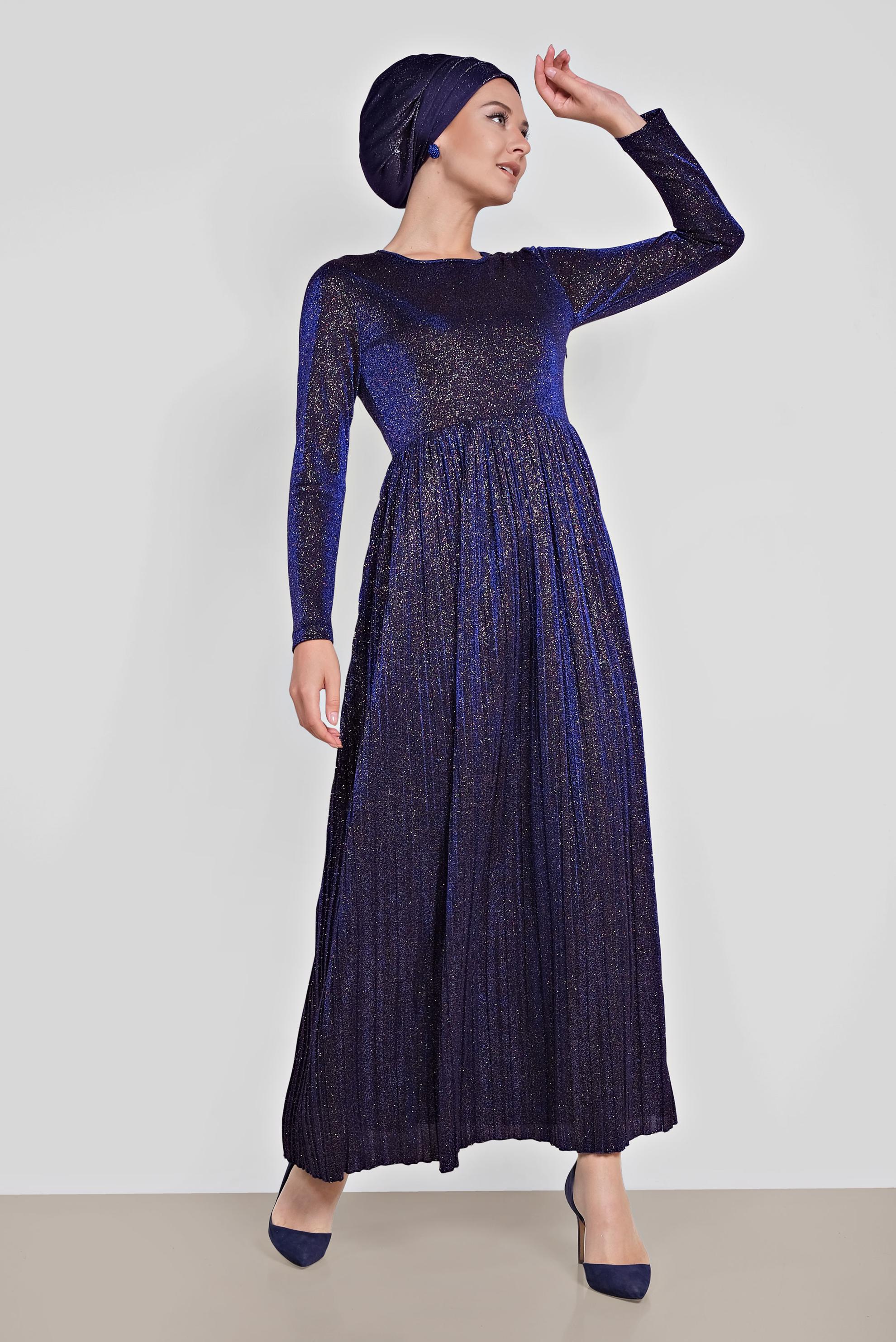 Tesettür giyim MAVİ PİLİSELİ SİMLİ ELBİSE 4126