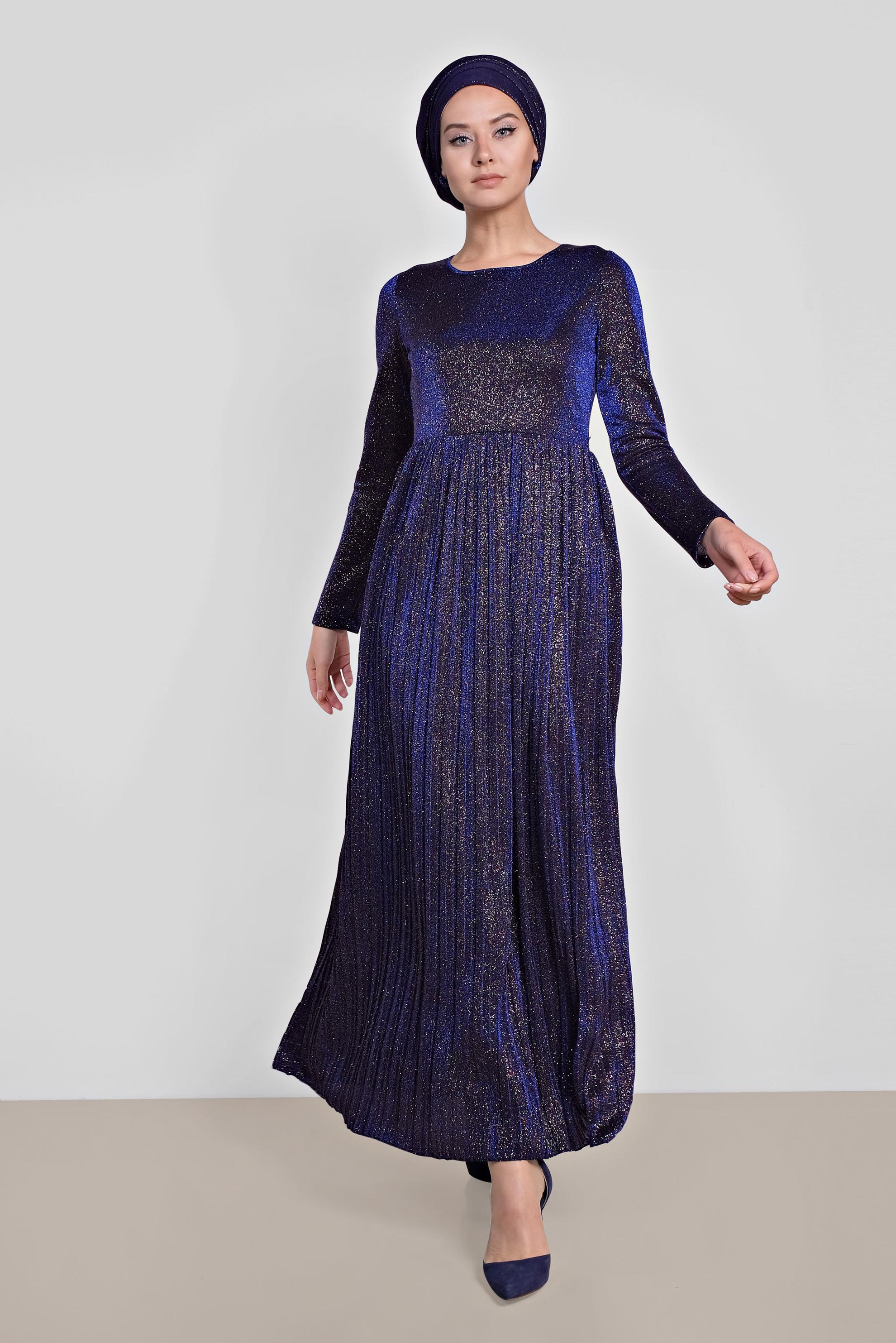 Tesettür giyim MAVİ PİLİSELİ SİMLİ ELBİSE 4126