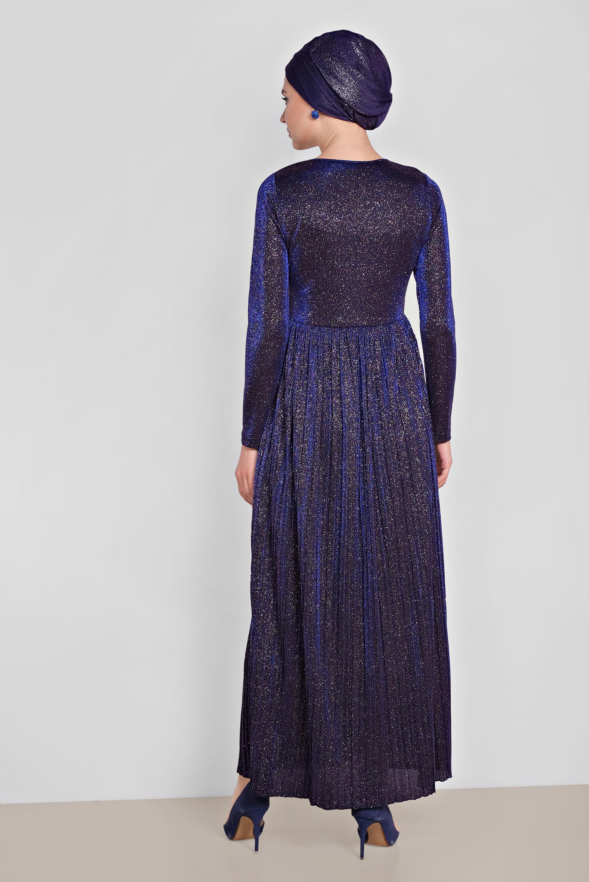 Tesettür giyim MAVİ PİLİSELİ SİMLİ ELBİSE 4126