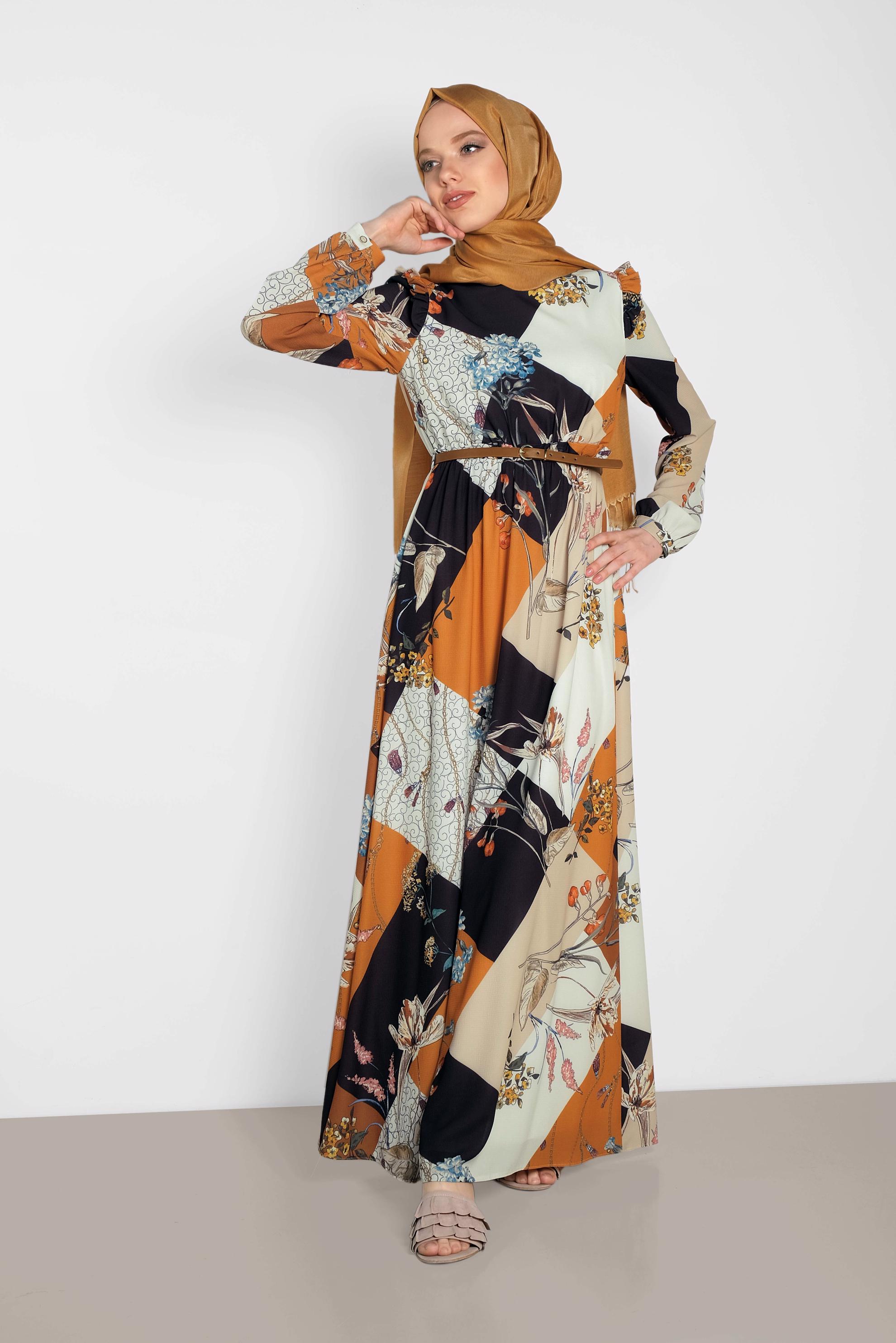 Tesettür giyim TURUNCU DESENLİ KUŞAKLI ELBİSE 4171