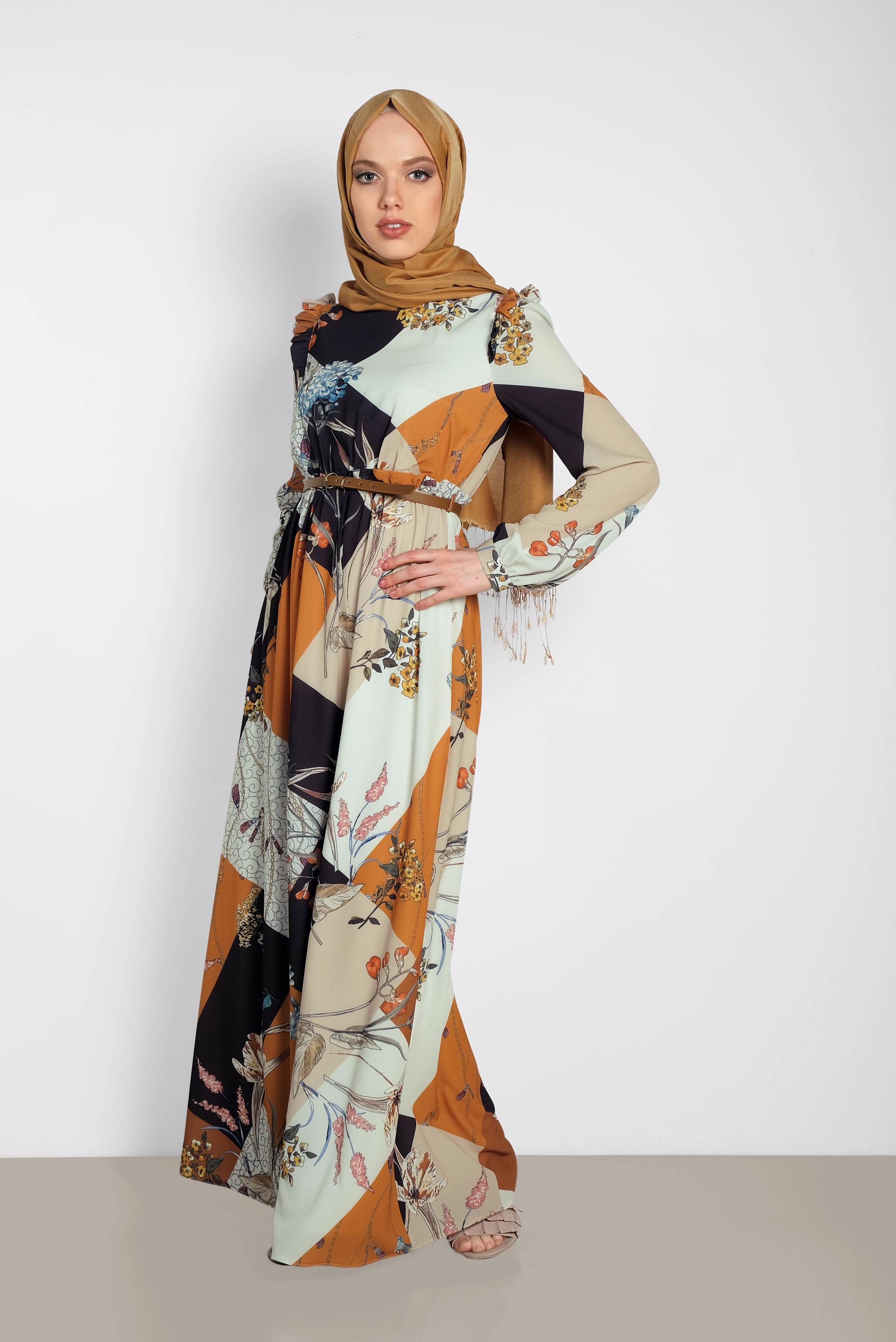 Tesettür giyim TURUNCU DESENLİ KUŞAKLI ELBİSE 4171