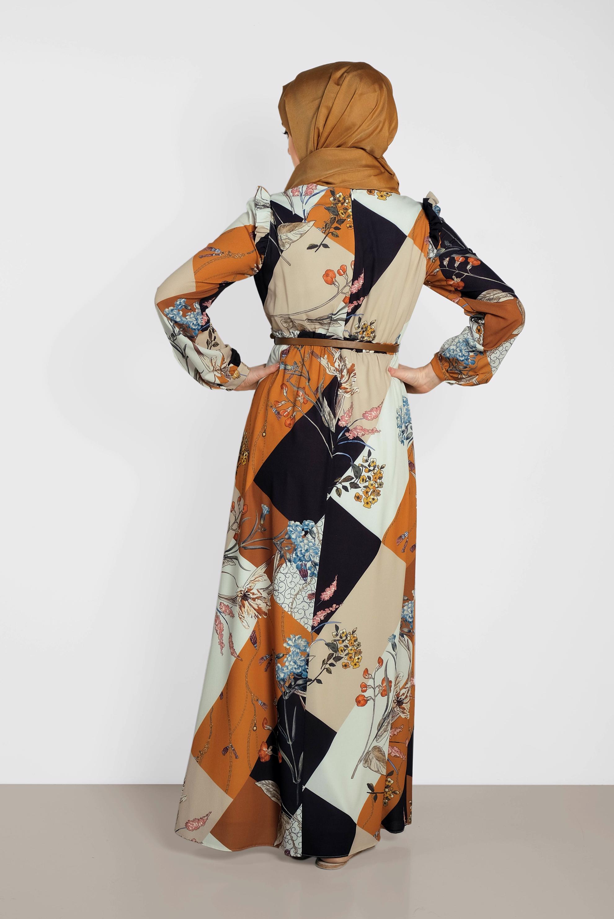 Tesettür giyim TURUNCU DESENLİ KUŞAKLI ELBİSE 4171