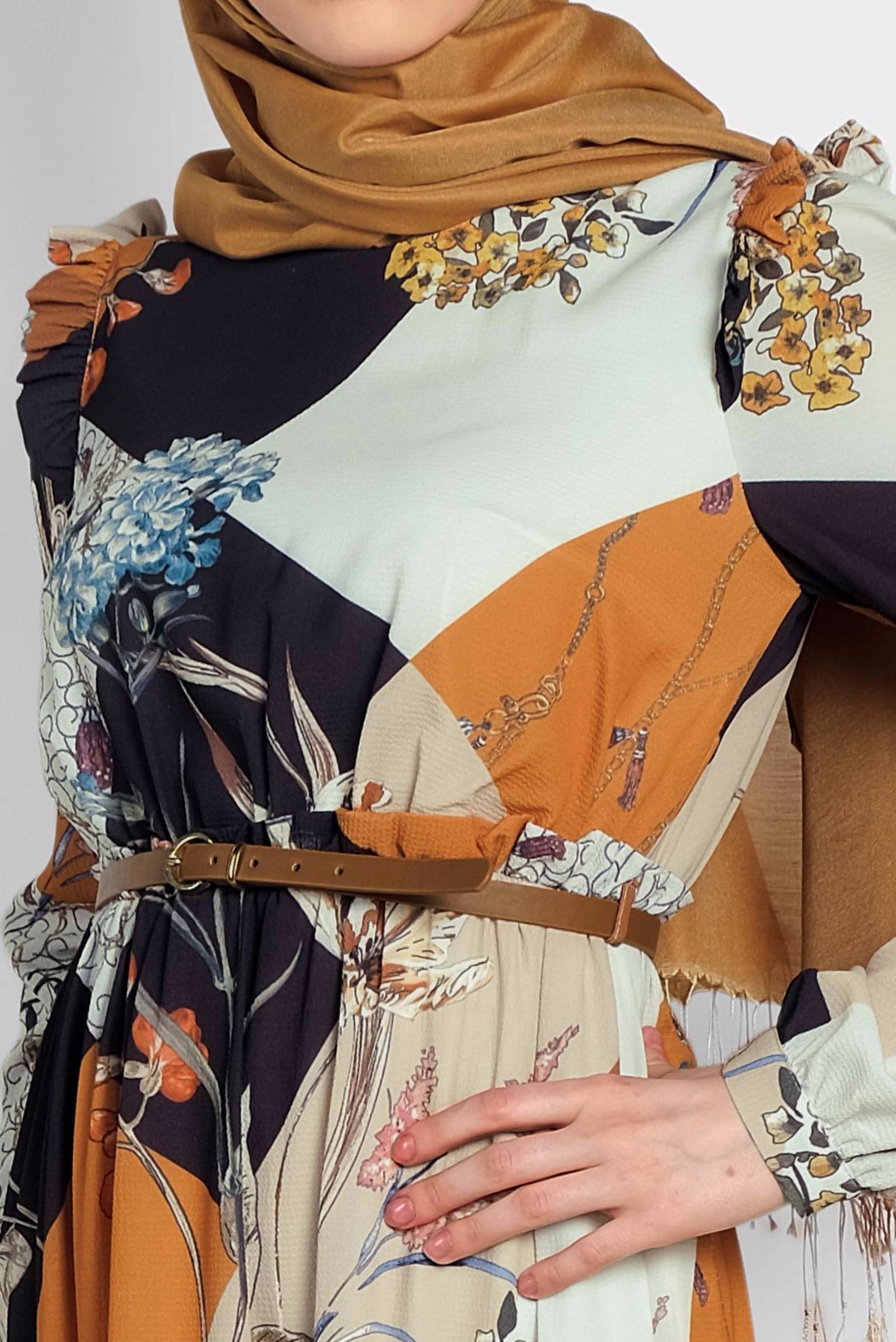 Tesettür giyim TURUNCU DESENLİ KUŞAKLI ELBİSE 4171