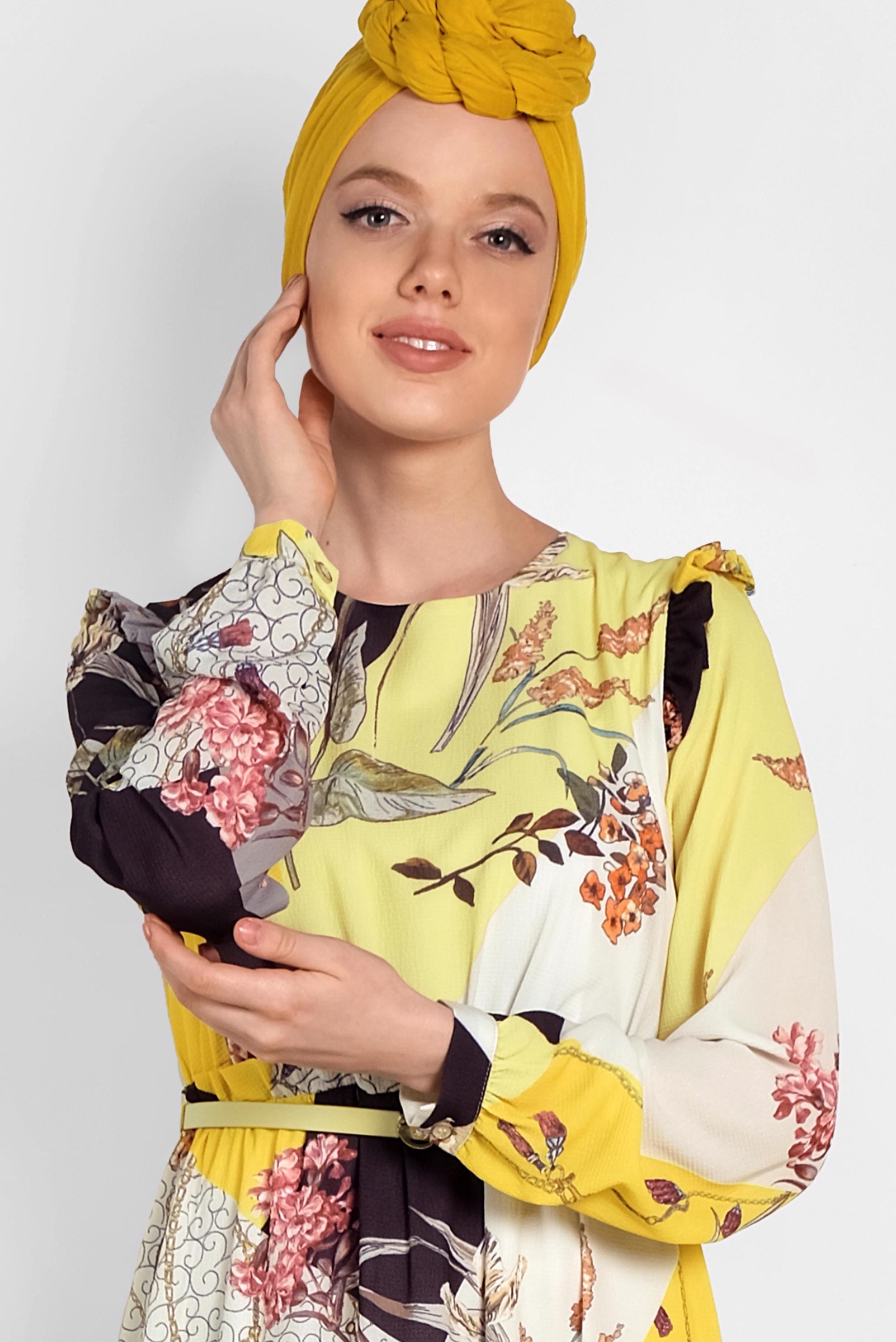 Tesettür giyim SARI DESENLİ KUŞAKLI ELBİSE 4171