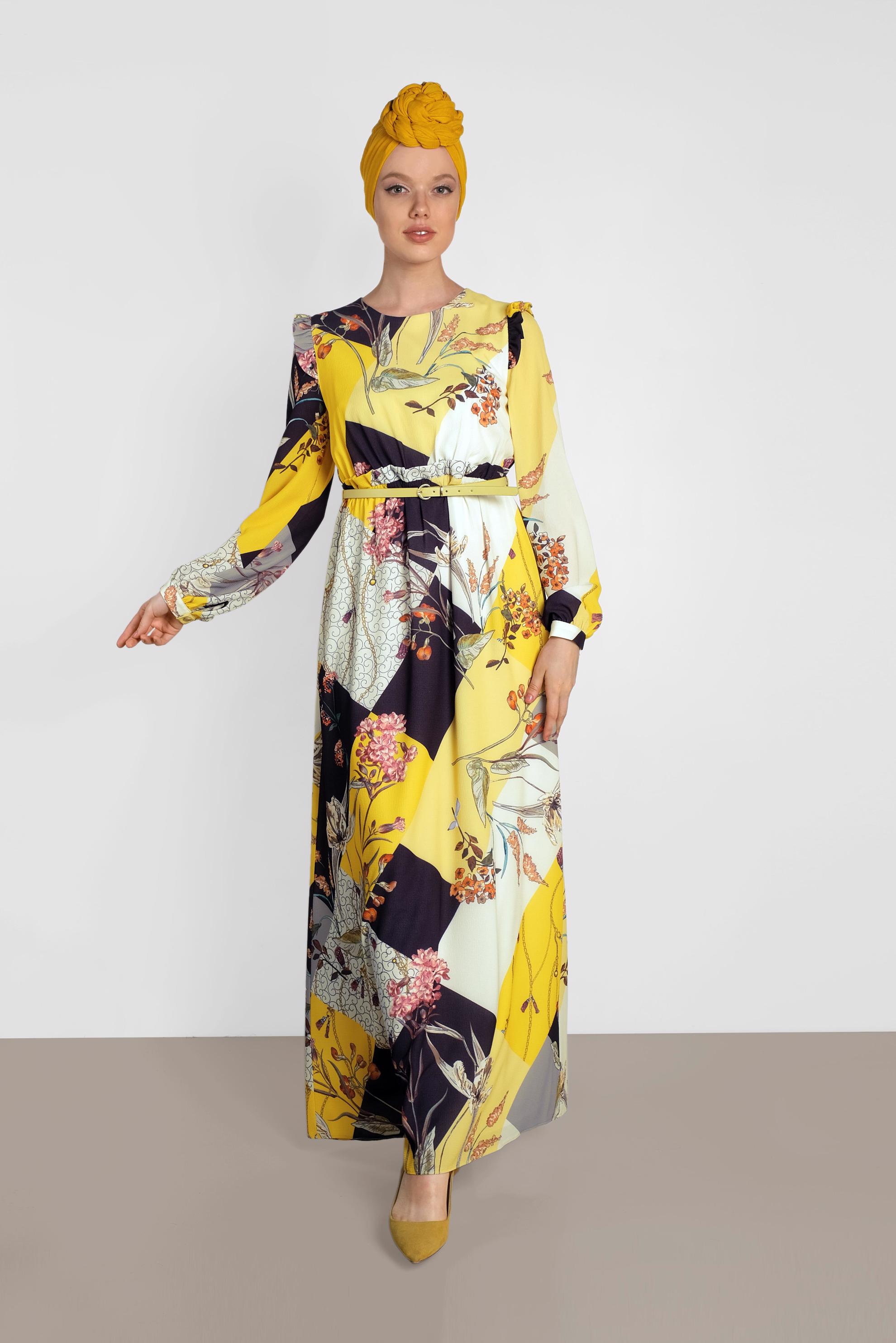 Tesettür giyim SARI DESENLİ KUŞAKLI ELBİSE 4171