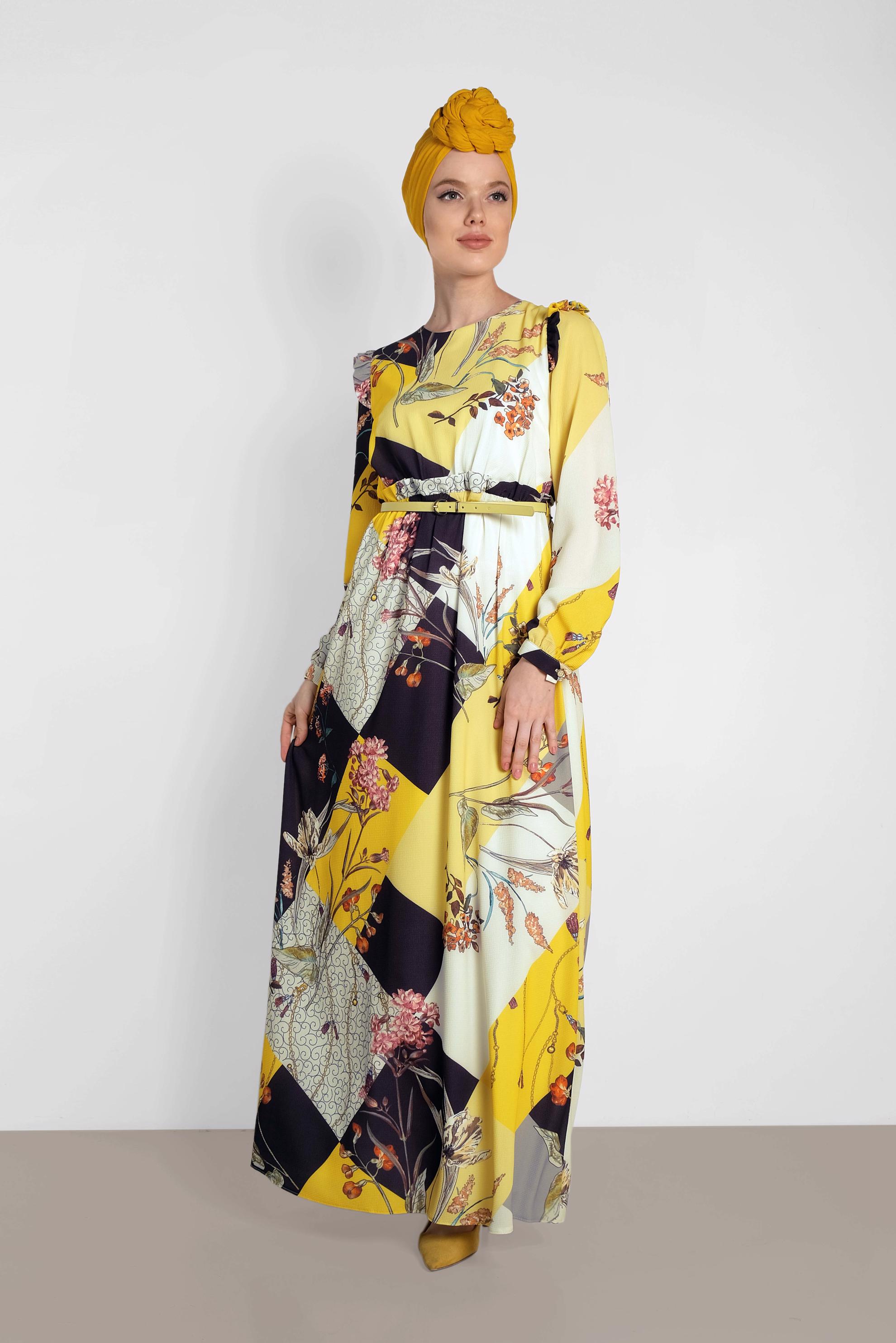 Tesettür giyim SARI DESENLİ KUŞAKLI ELBİSE 4171