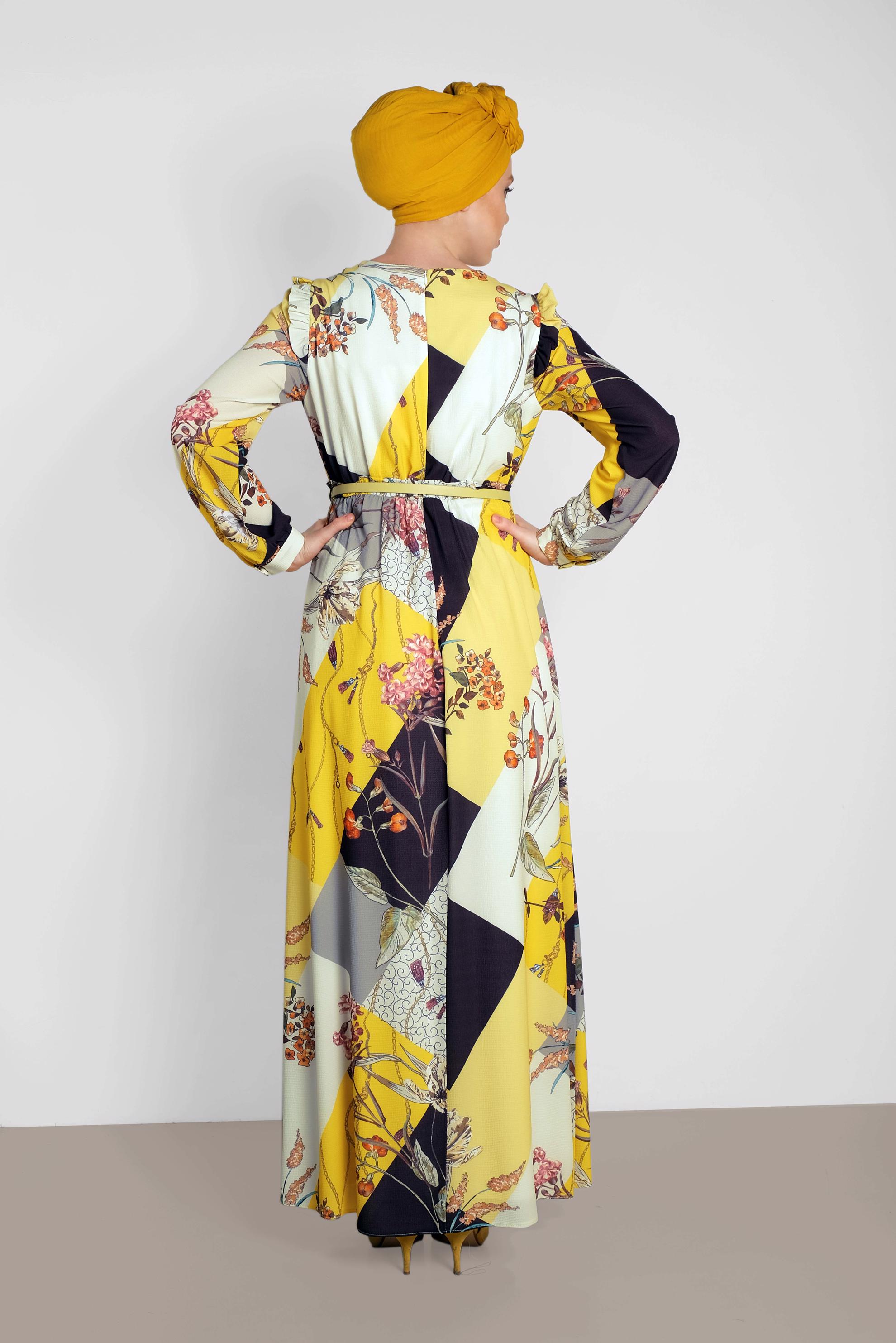 Tesettür giyim SARI DESENLİ KUŞAKLI ELBİSE 4171