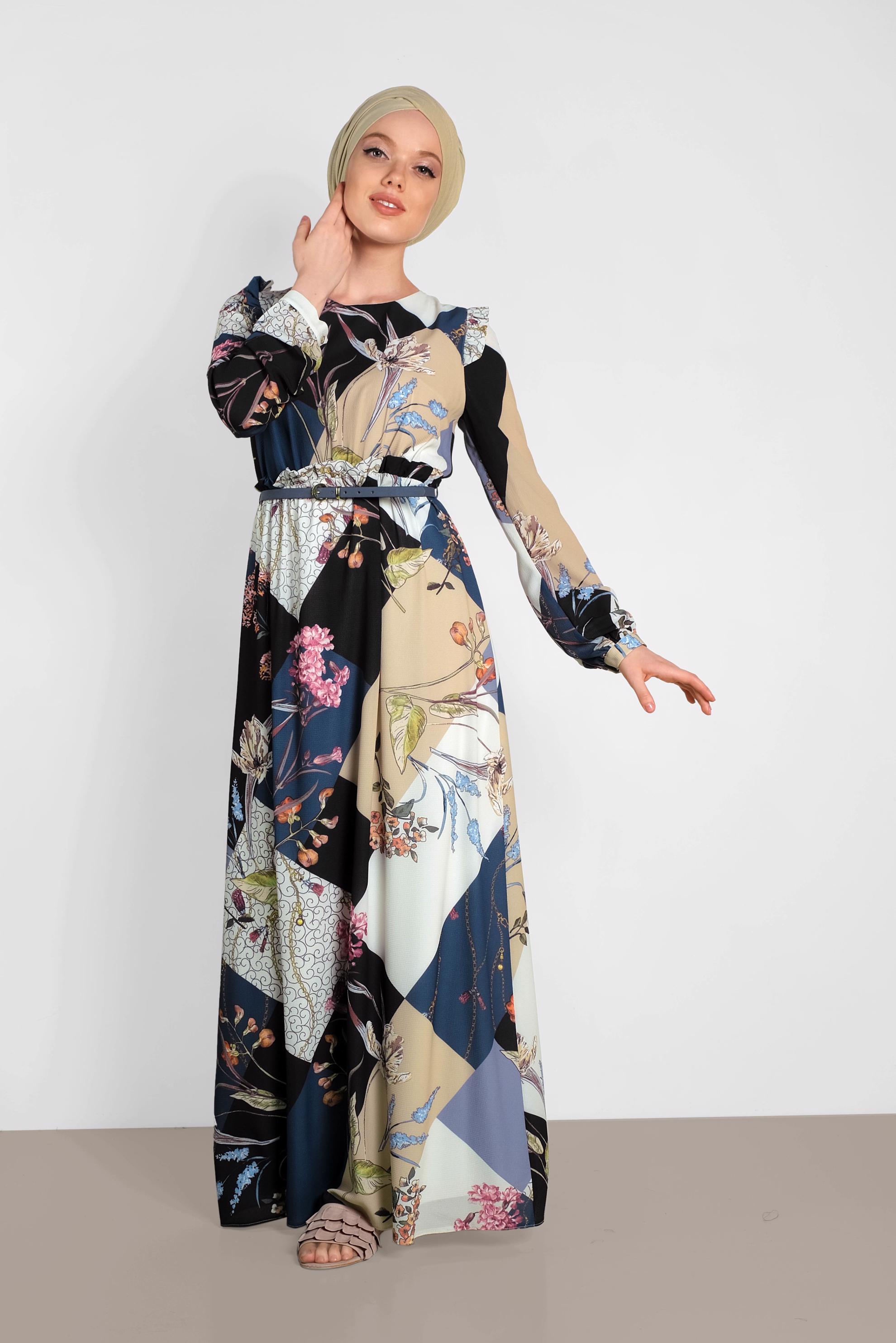 Tesettür giyim LACİVERT DESENLİ KUŞAKLI ELBİSE 4171