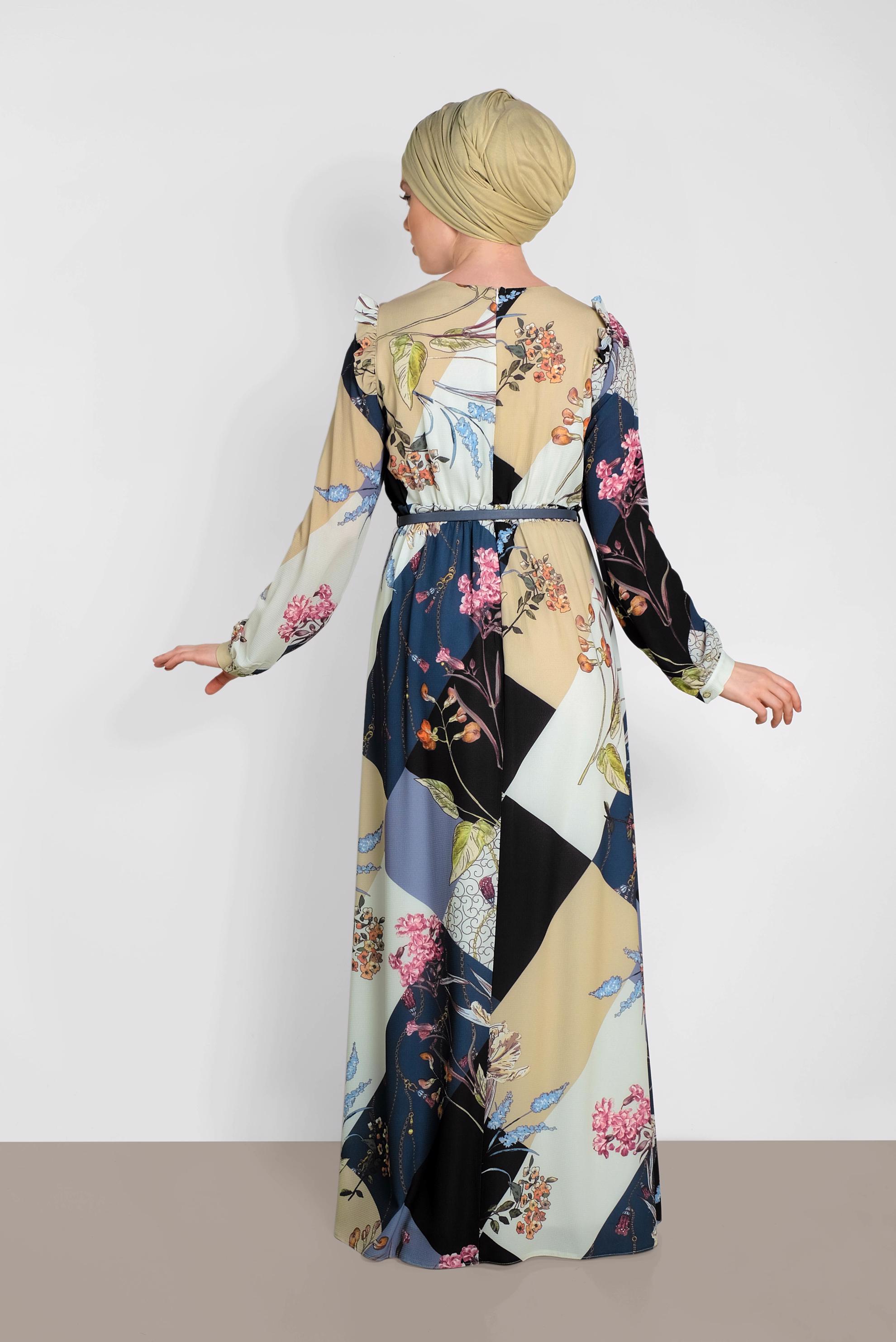 Tesettür giyim LACİVERT DESENLİ KUŞAKLI ELBİSE 4171