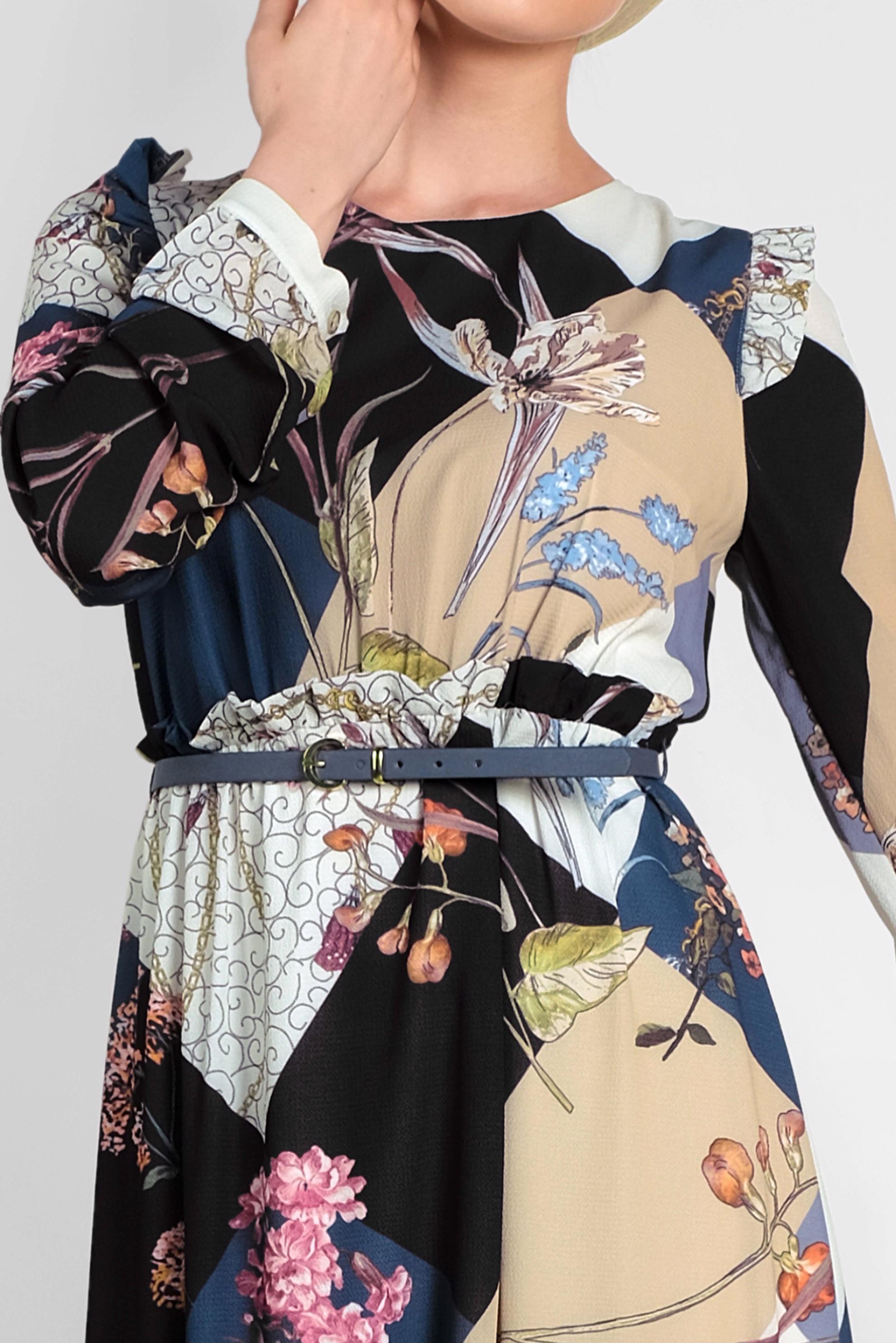 Tesettür giyim LACİVERT DESENLİ KUŞAKLI ELBİSE 4171