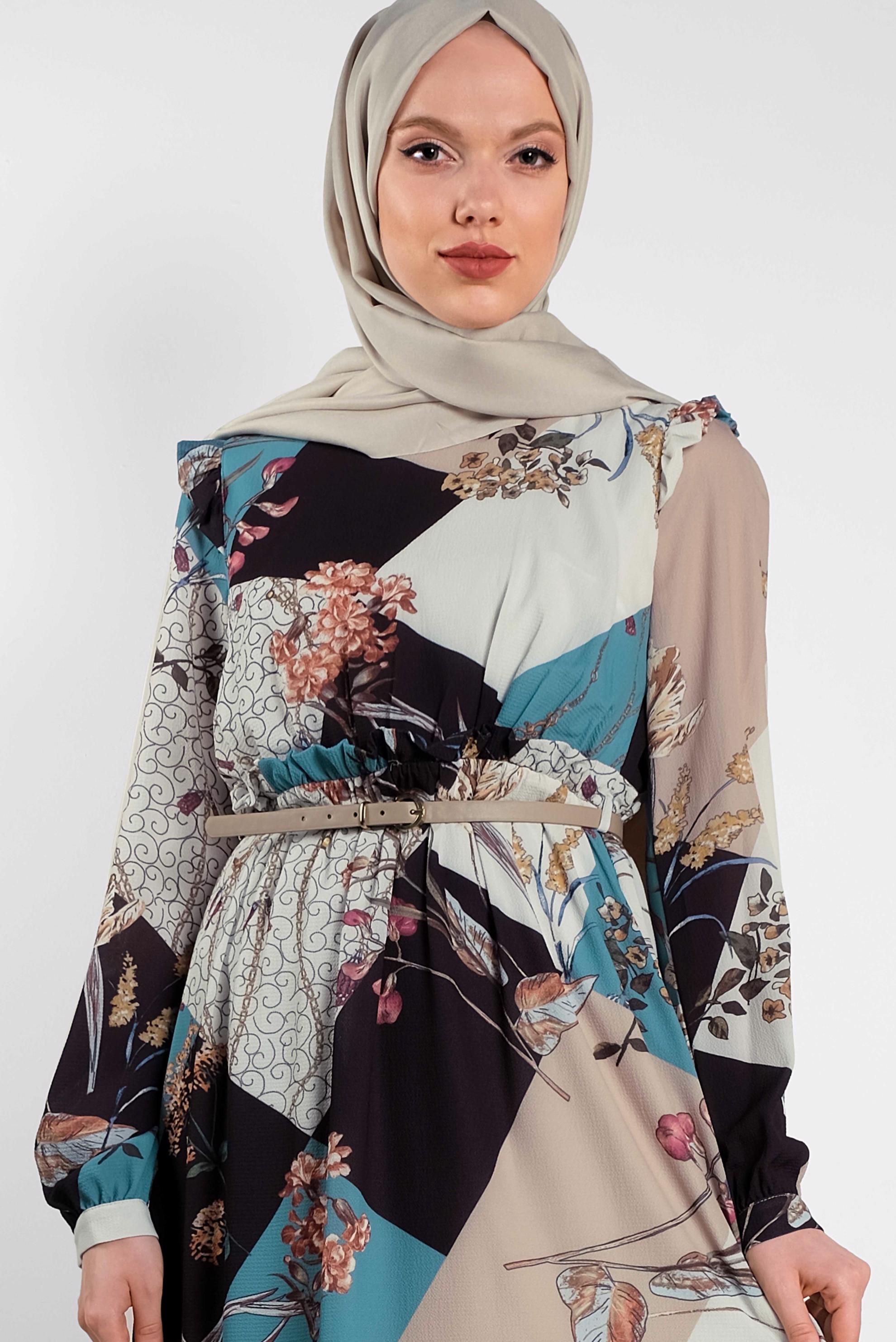 Tesettür giyim MAVİ DESENLİ KUŞAKLI ELBİSE 4171