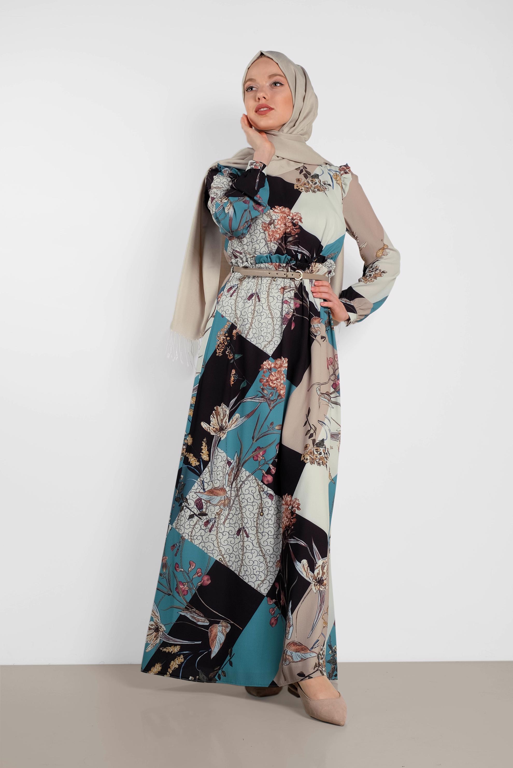 Tesettür giyim MAVİ DESENLİ KUŞAKLI ELBİSE 4171