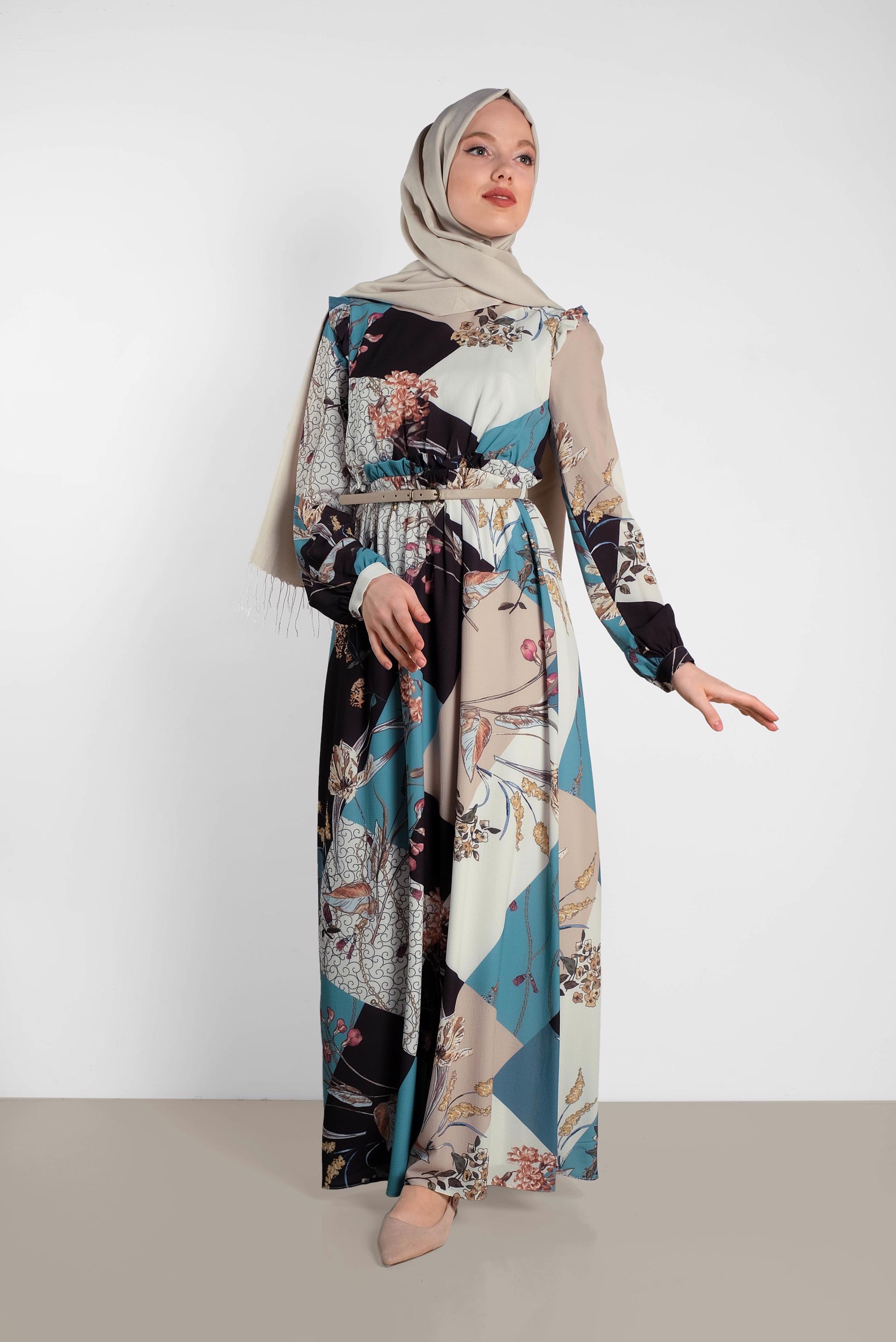 Tesettür giyim MAVİ DESENLİ KUŞAKLI ELBİSE 4171