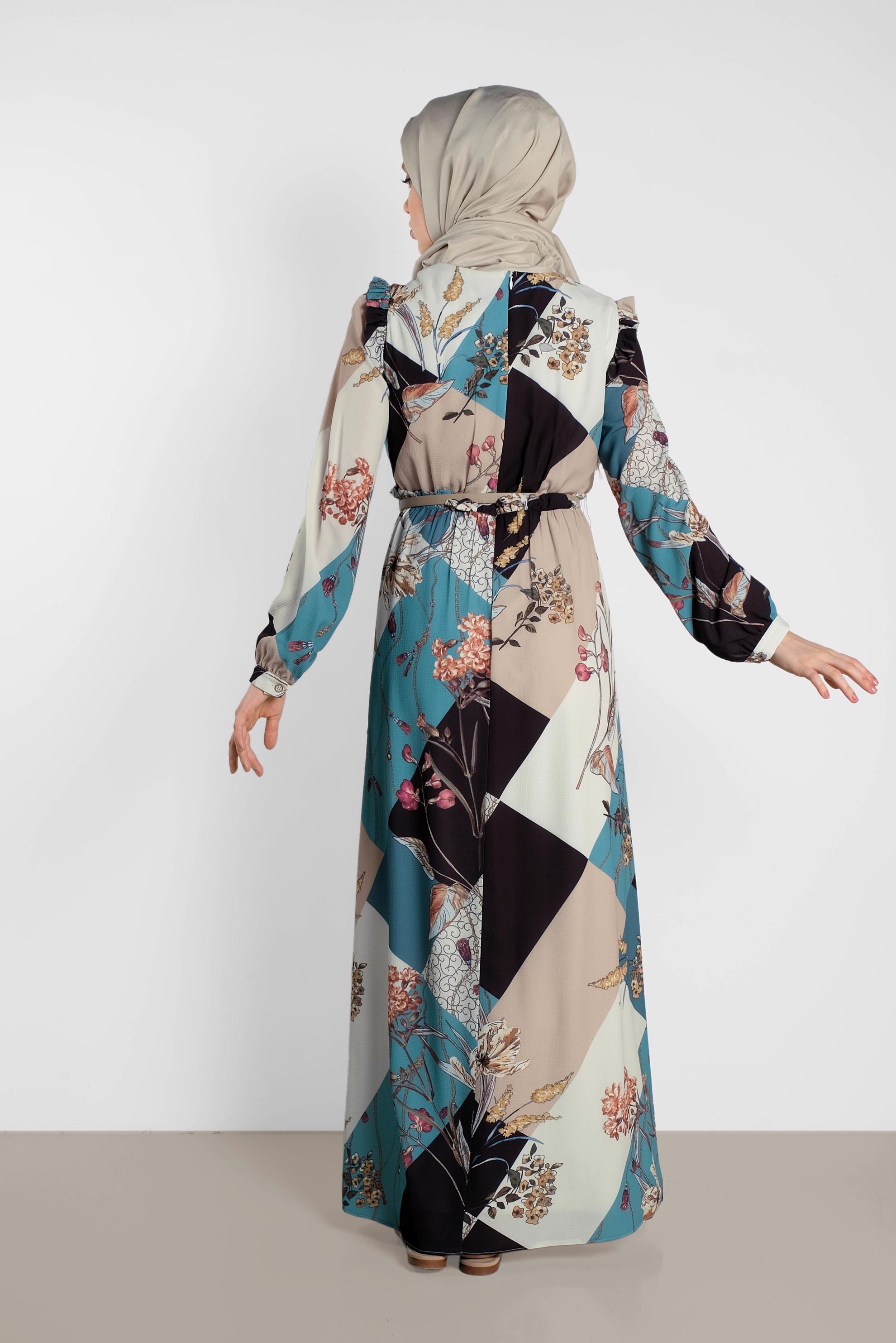 Tesettür giyim MAVİ DESENLİ KUŞAKLI ELBİSE 4171