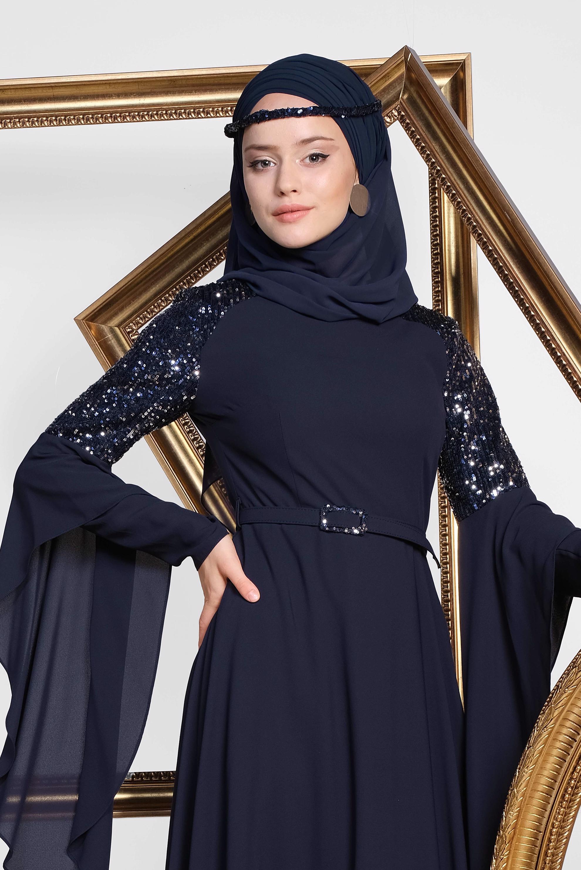 Tesettür giyim LACİVERT KOLLARI SALAŞ ABİYE ELBİSE 4217