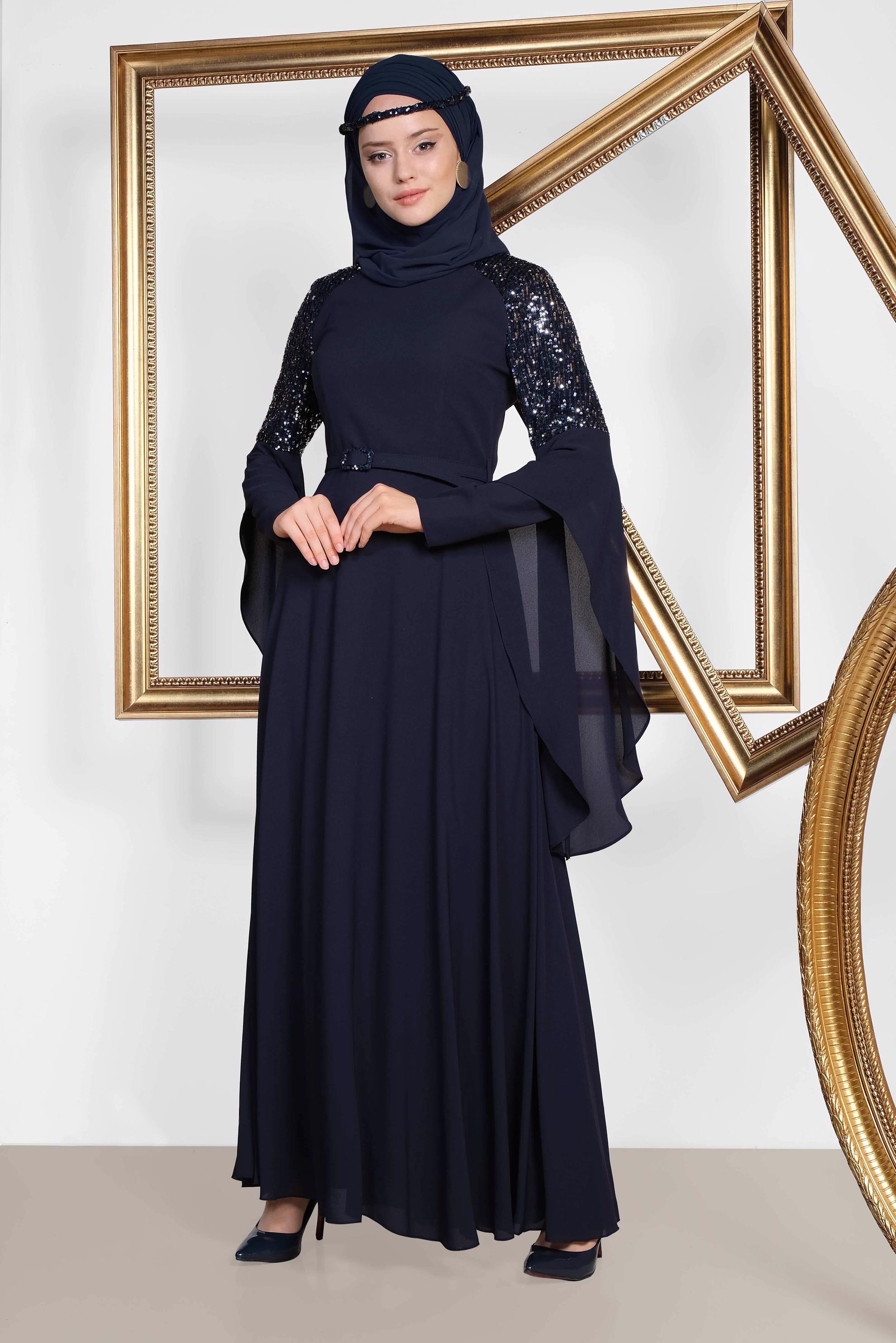 Tesettür giyim LACİVERT KOLLARI SALAŞ ABİYE ELBİSE 4217