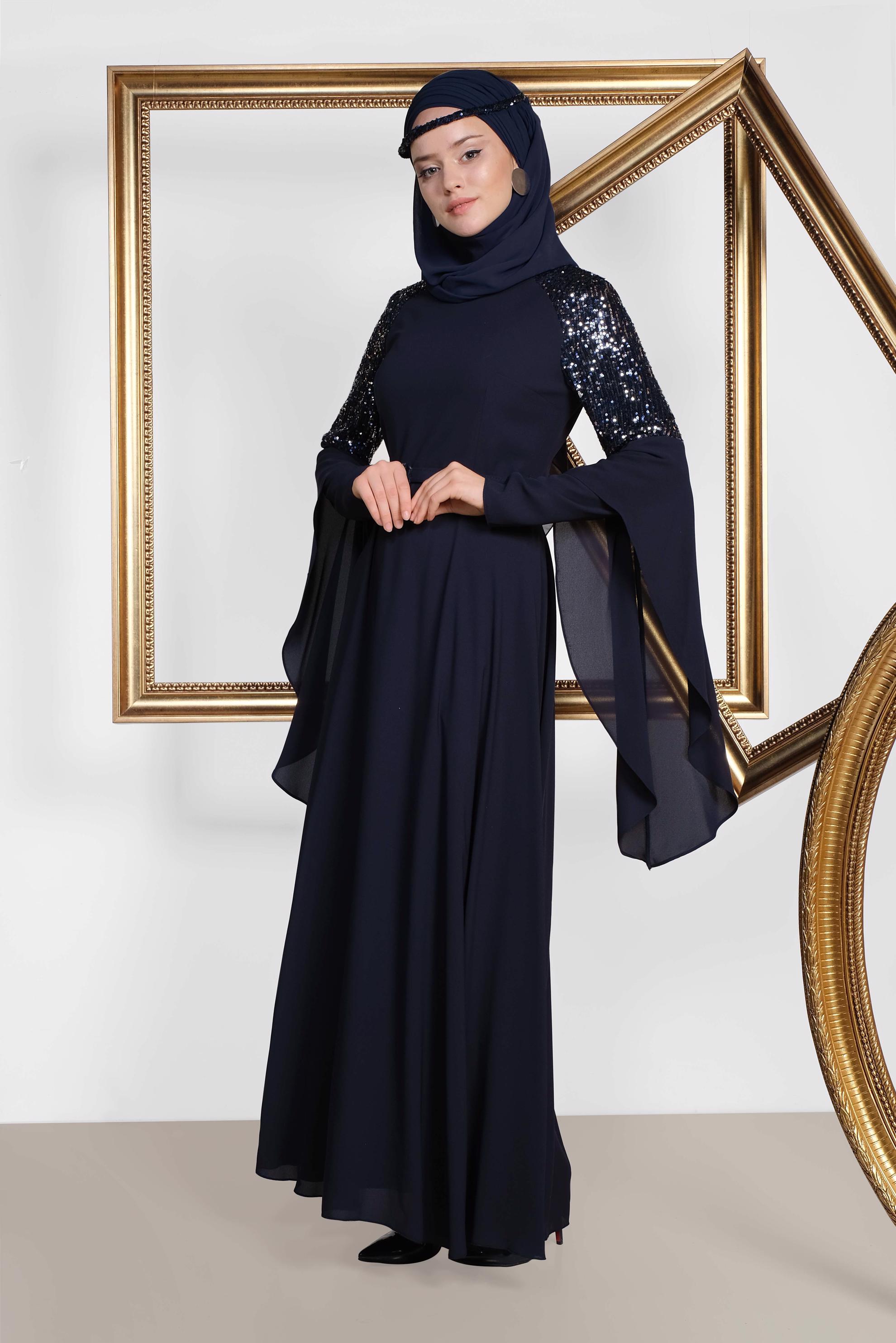 Tesettür giyim LACİVERT KOLLARI SALAŞ ABİYE ELBİSE 4217