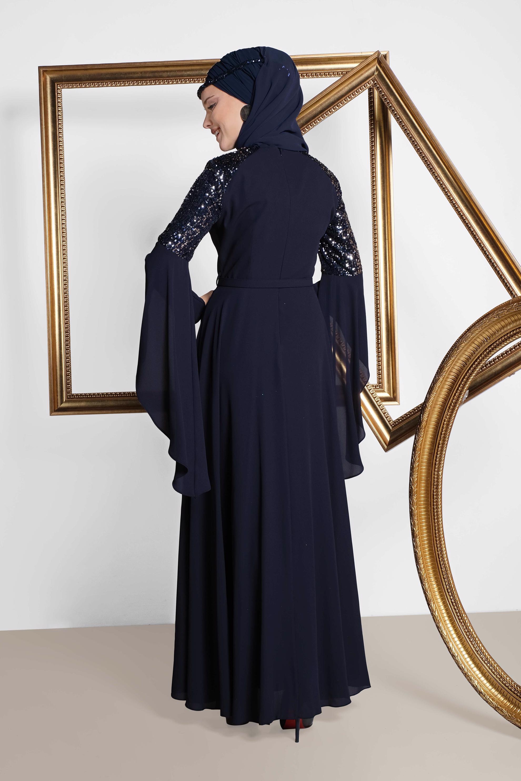 Tesettür giyim LACİVERT KOLLARI SALAŞ ABİYE ELBİSE 4217