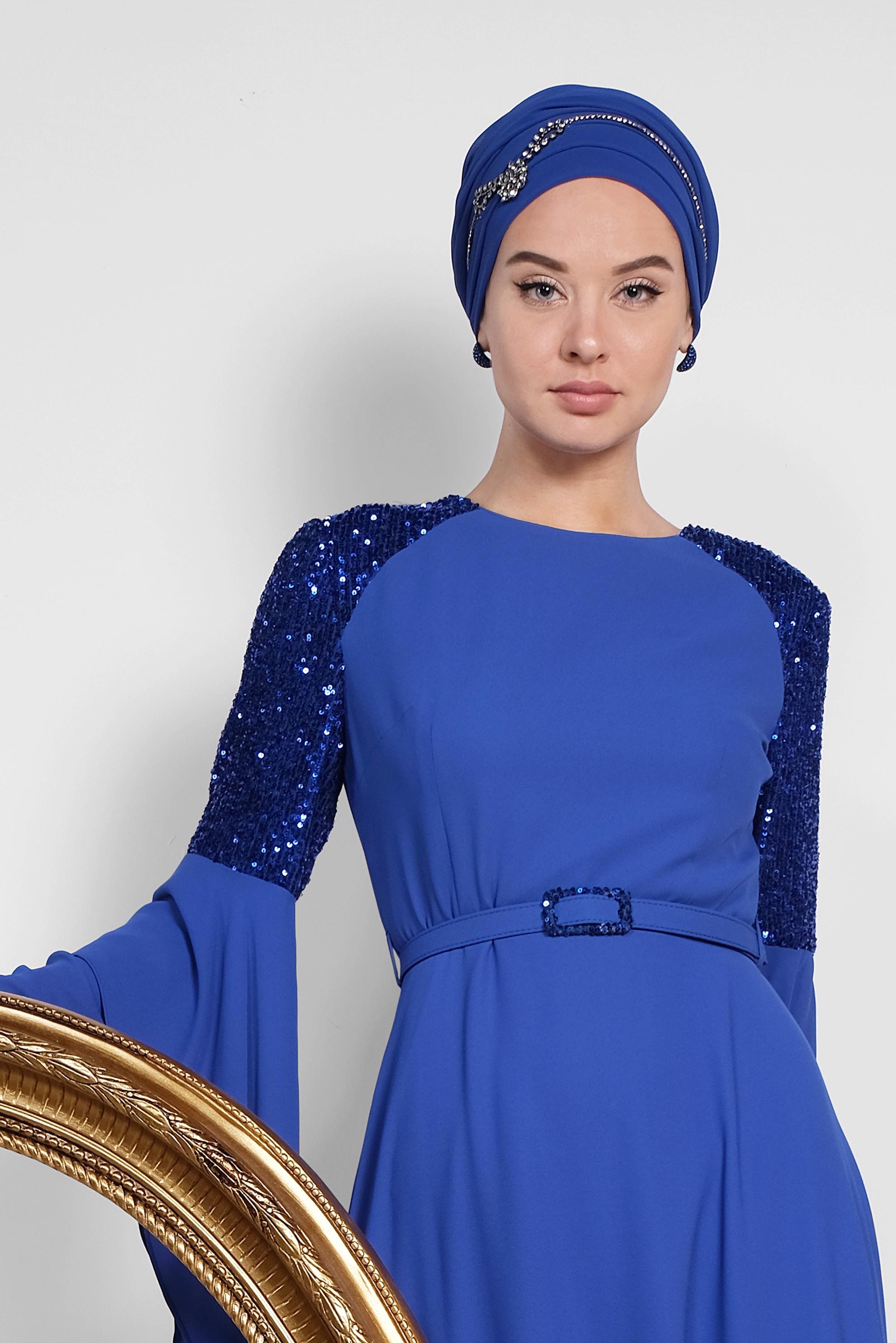 Tesettür giyim MAVİ KOLLARI SALAŞ ABİYE ELBİSE 4217