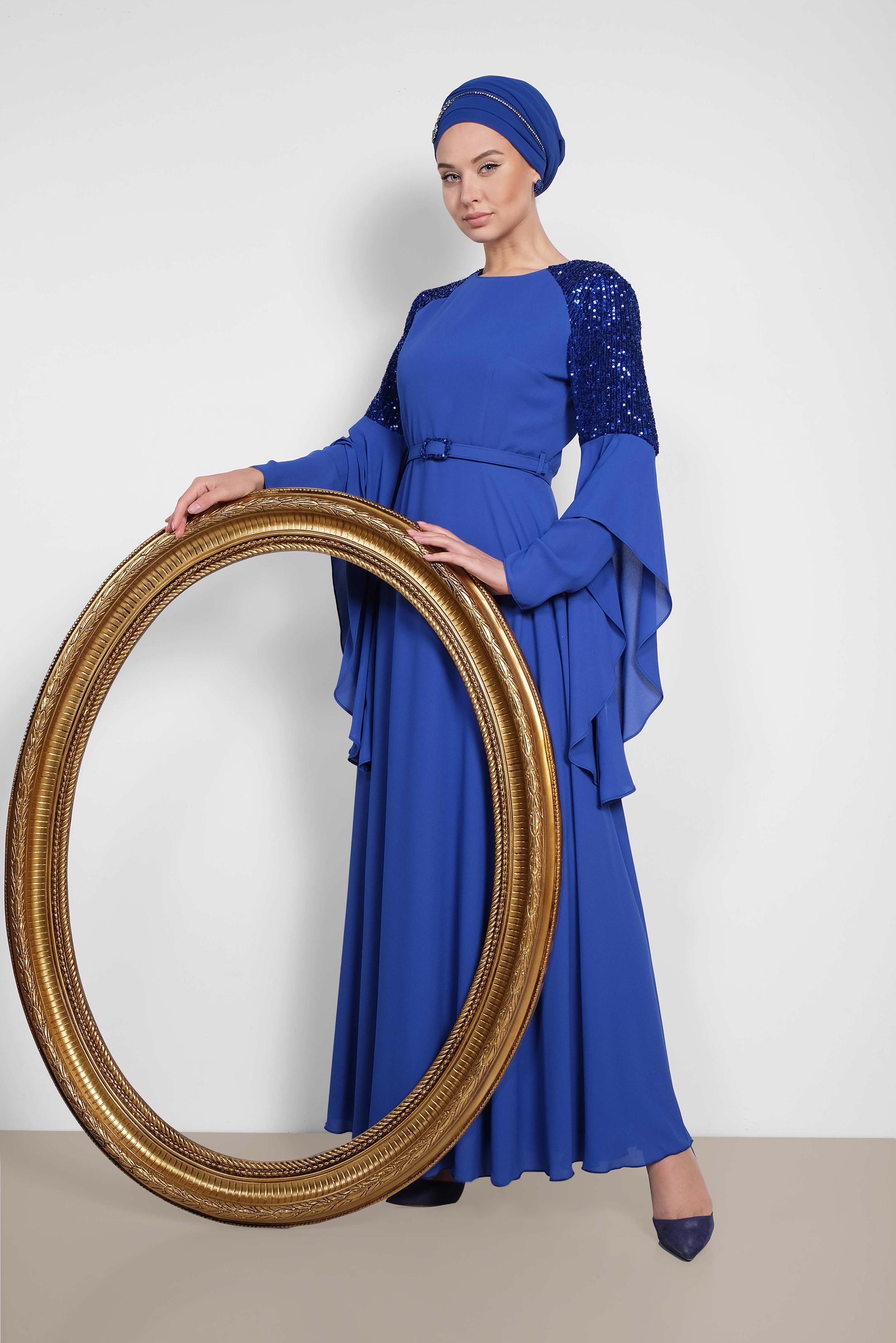 Tesettür giyim MAVİ KOLLARI SALAŞ ABİYE ELBİSE 4217