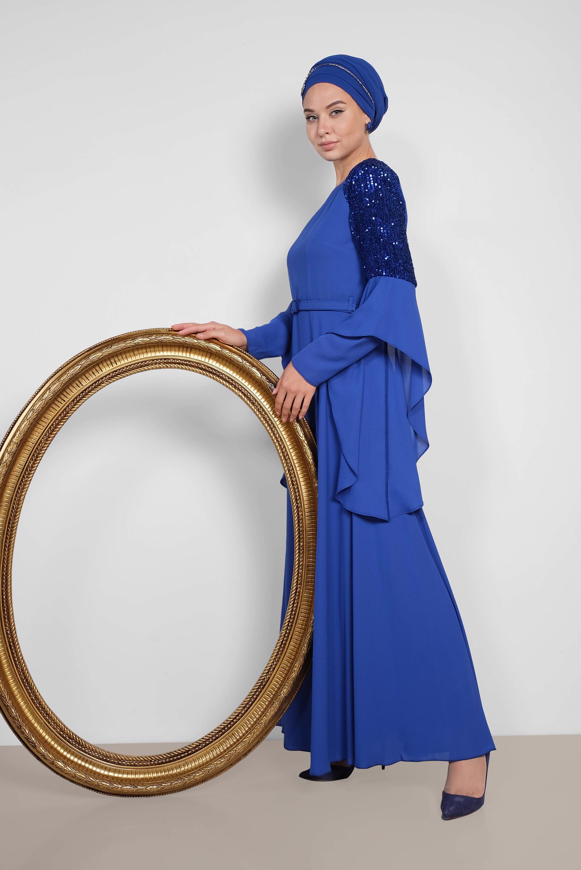 Tesettür giyim MAVİ KOLLARI SALAŞ ABİYE ELBİSE 4217