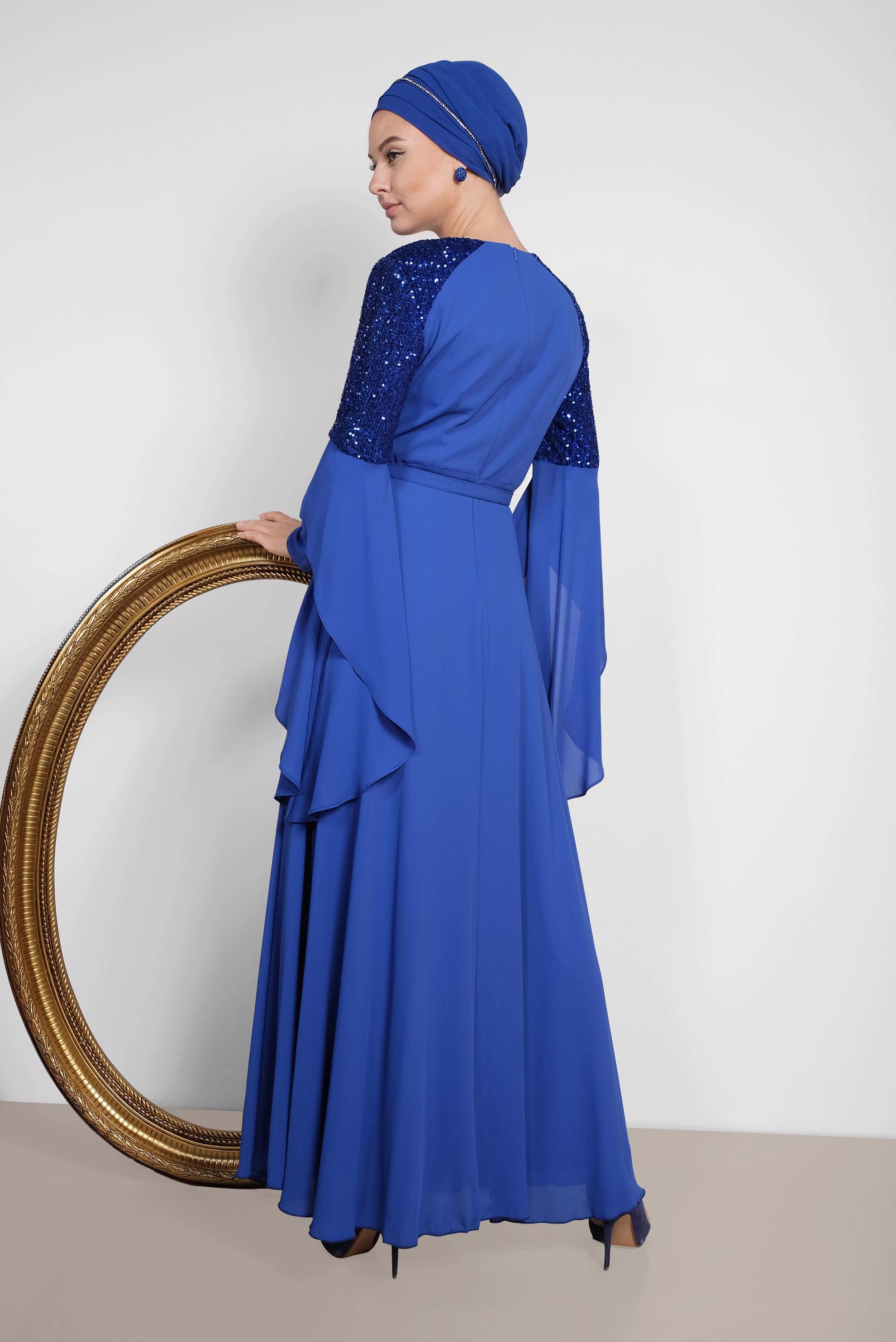 Tesettür giyim MAVİ KOLLARI SALAŞ ABİYE ELBİSE 4217