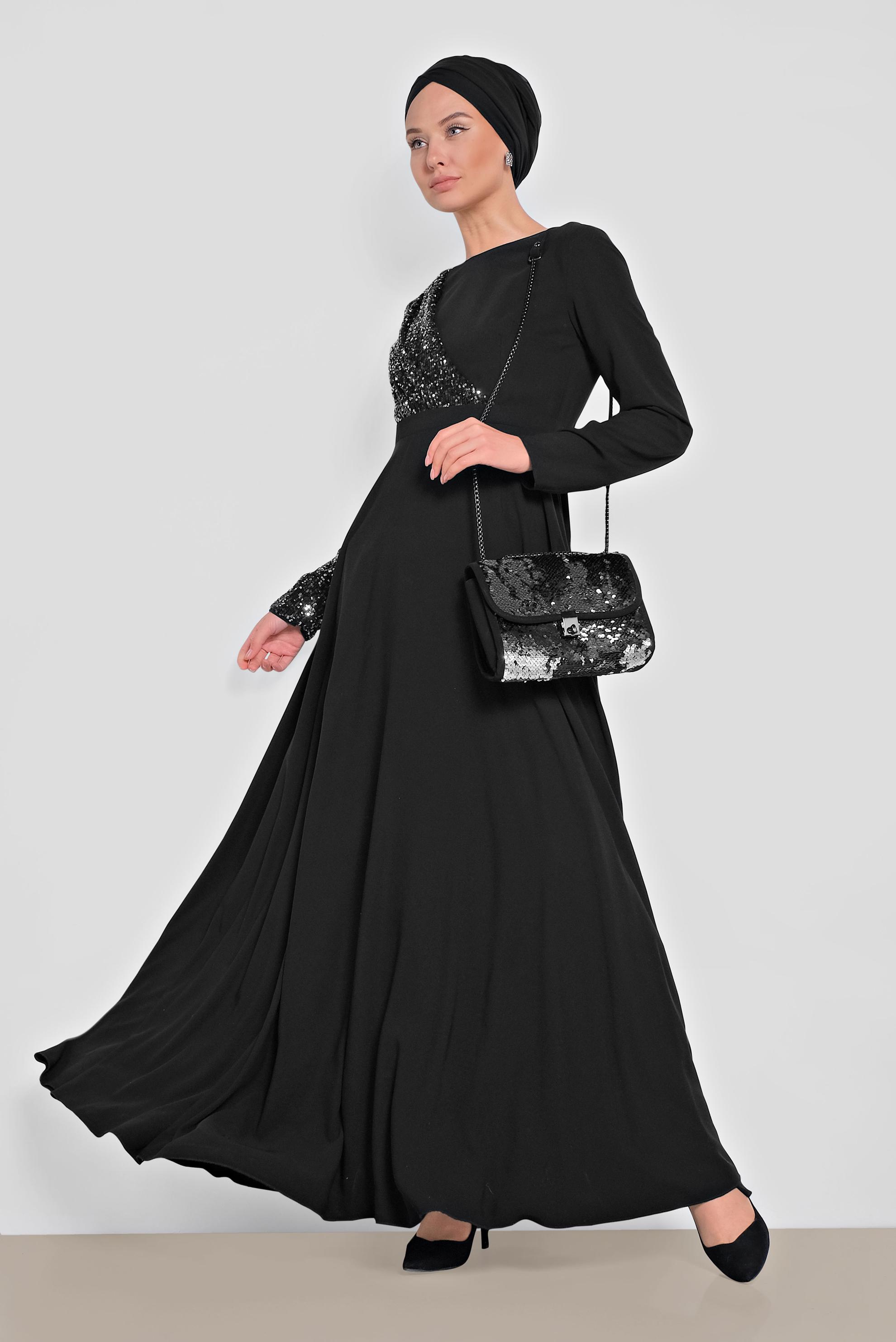 Tesettür giyim SİYAH PUL PAYET DETAYLI ABİYE ELBİSE 4218 