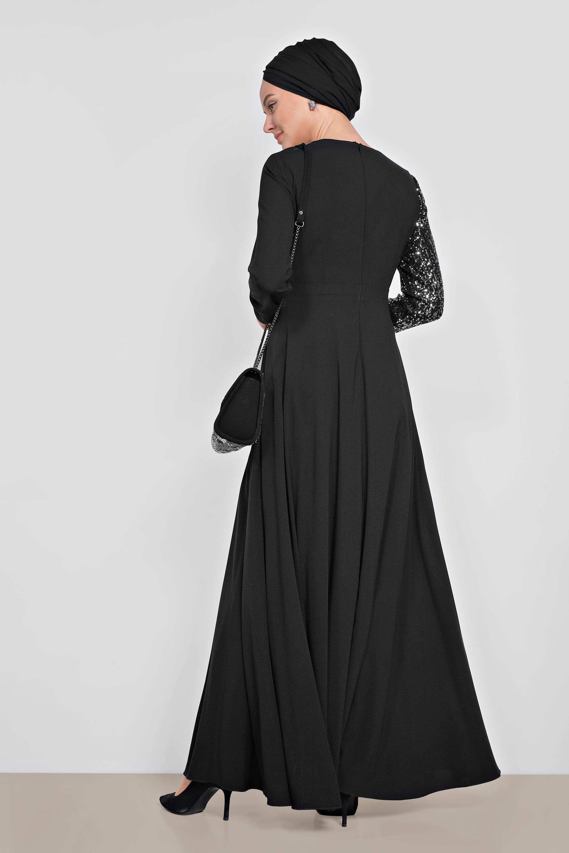 Tesettür giyim SİYAH PUL PAYET DETAYLI ABİYE ELBİSE 4218 