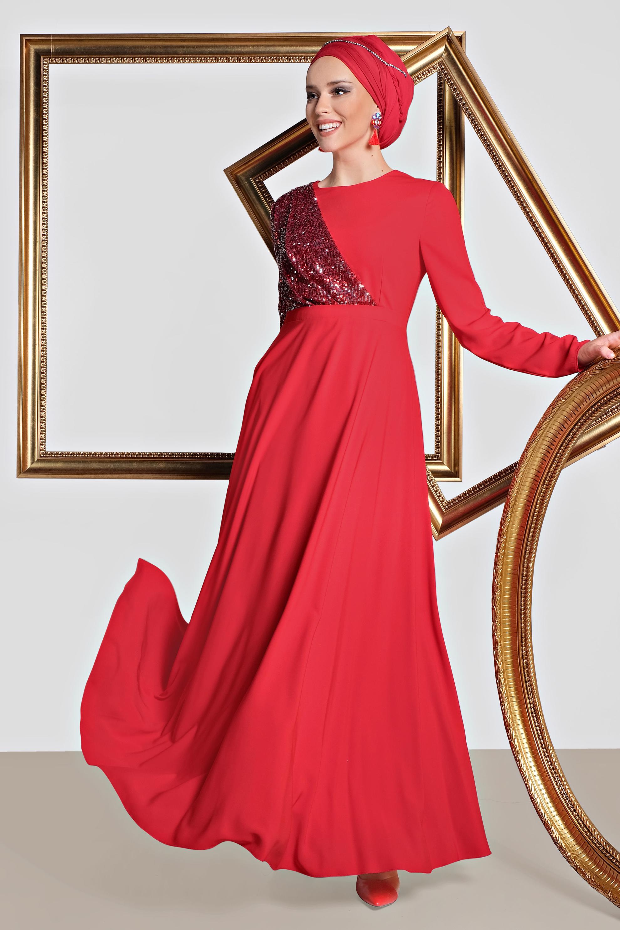 Tesettür giyim KIRMIZI PUL PAYET DETAYLI ABİYE ELBİSE 4218 