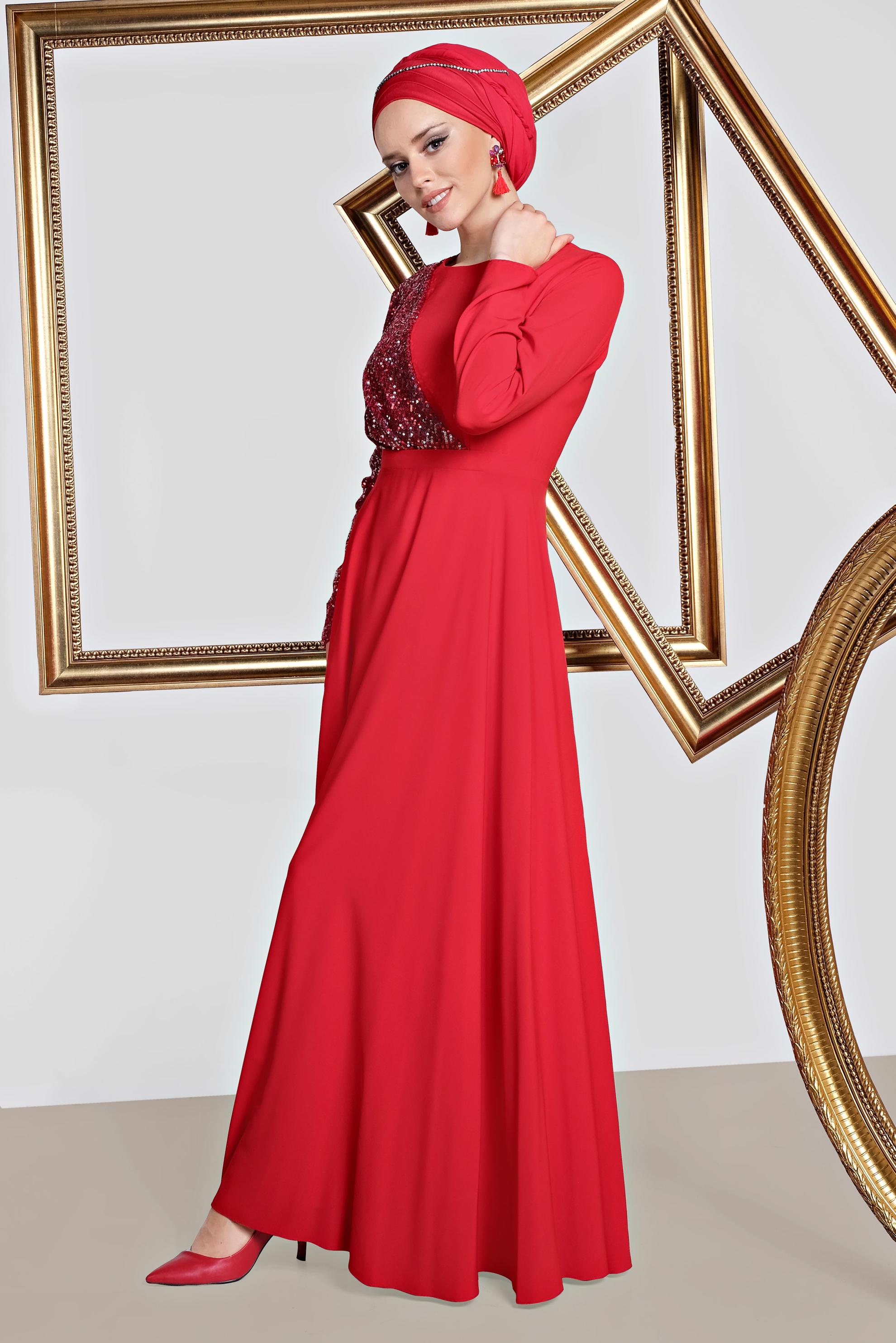 Tesettür giyim KIRMIZI PUL PAYET DETAYLI ABİYE ELBİSE 4218 