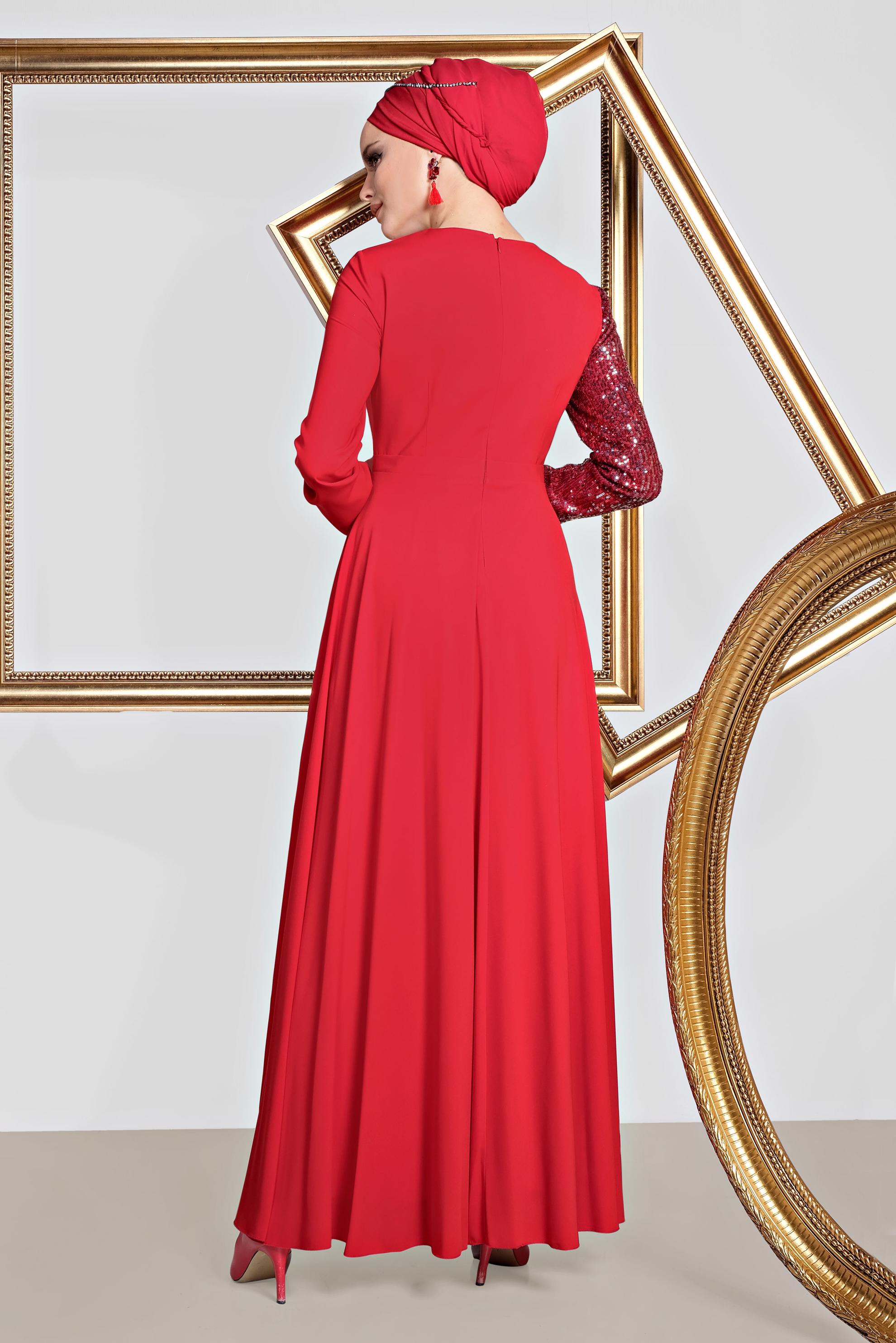 Tesettür giyim KIRMIZI PUL PAYET DETAYLI ABİYE ELBİSE 4218 