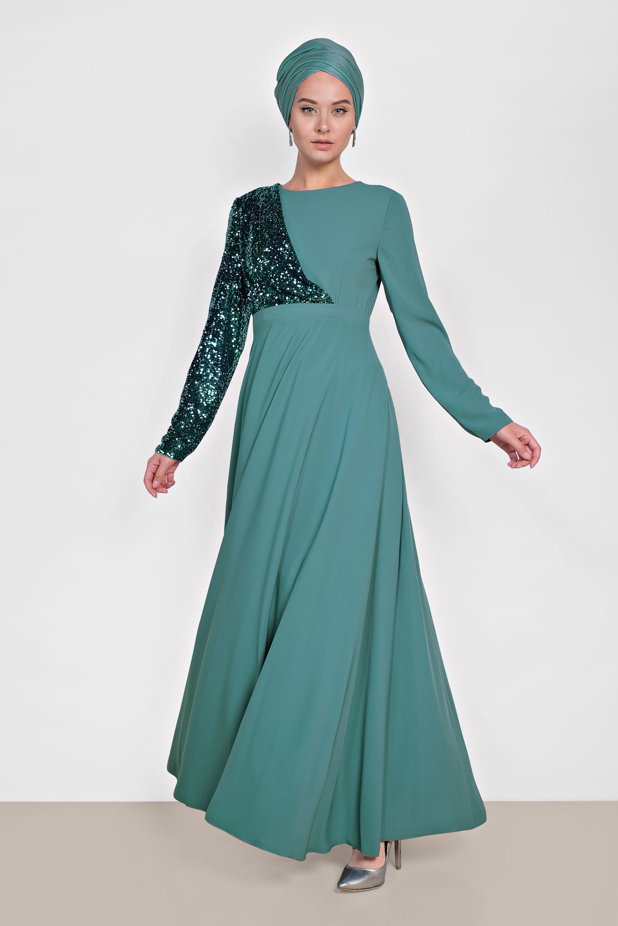 Tesettür giyim MAVİ PUL PAYET DETAYLI ABİYE ELBİSE 4218 