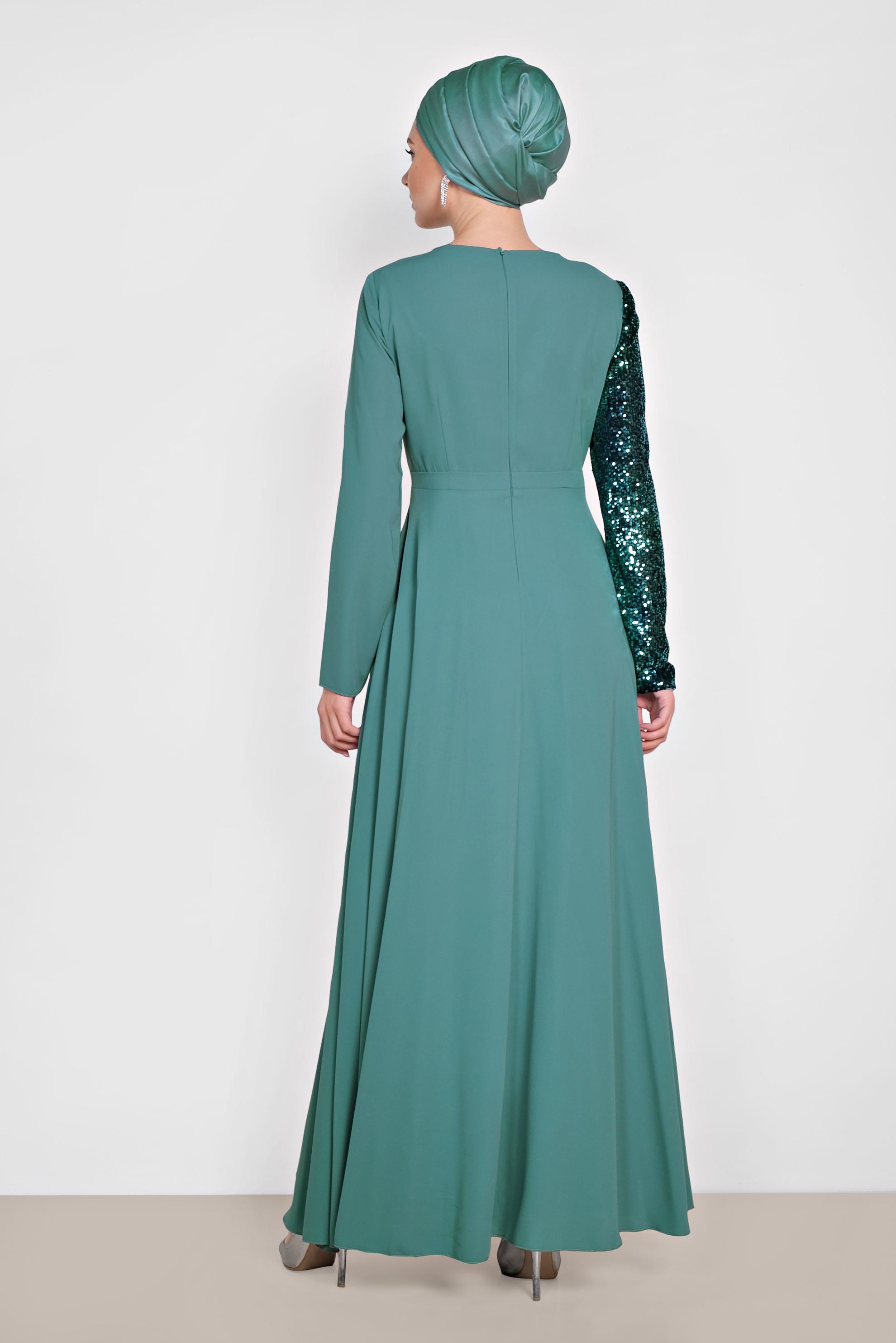 Tesettür giyim MAVİ PUL PAYET DETAYLI ABİYE ELBİSE 4218 