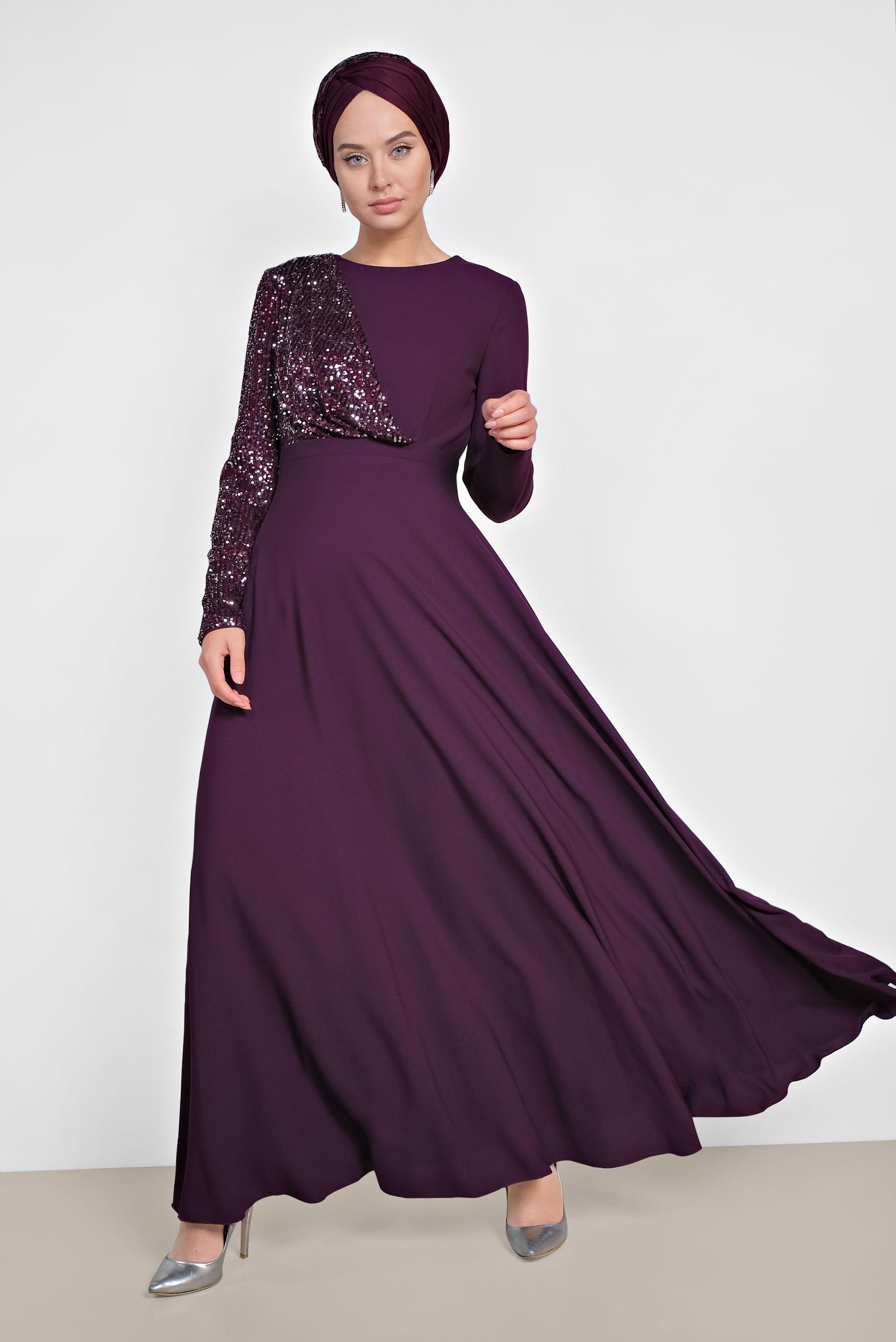 Tesettür giyim MÜRDÜM PUL PAYET DETAYLI ABİYE ELBİSE 4218 