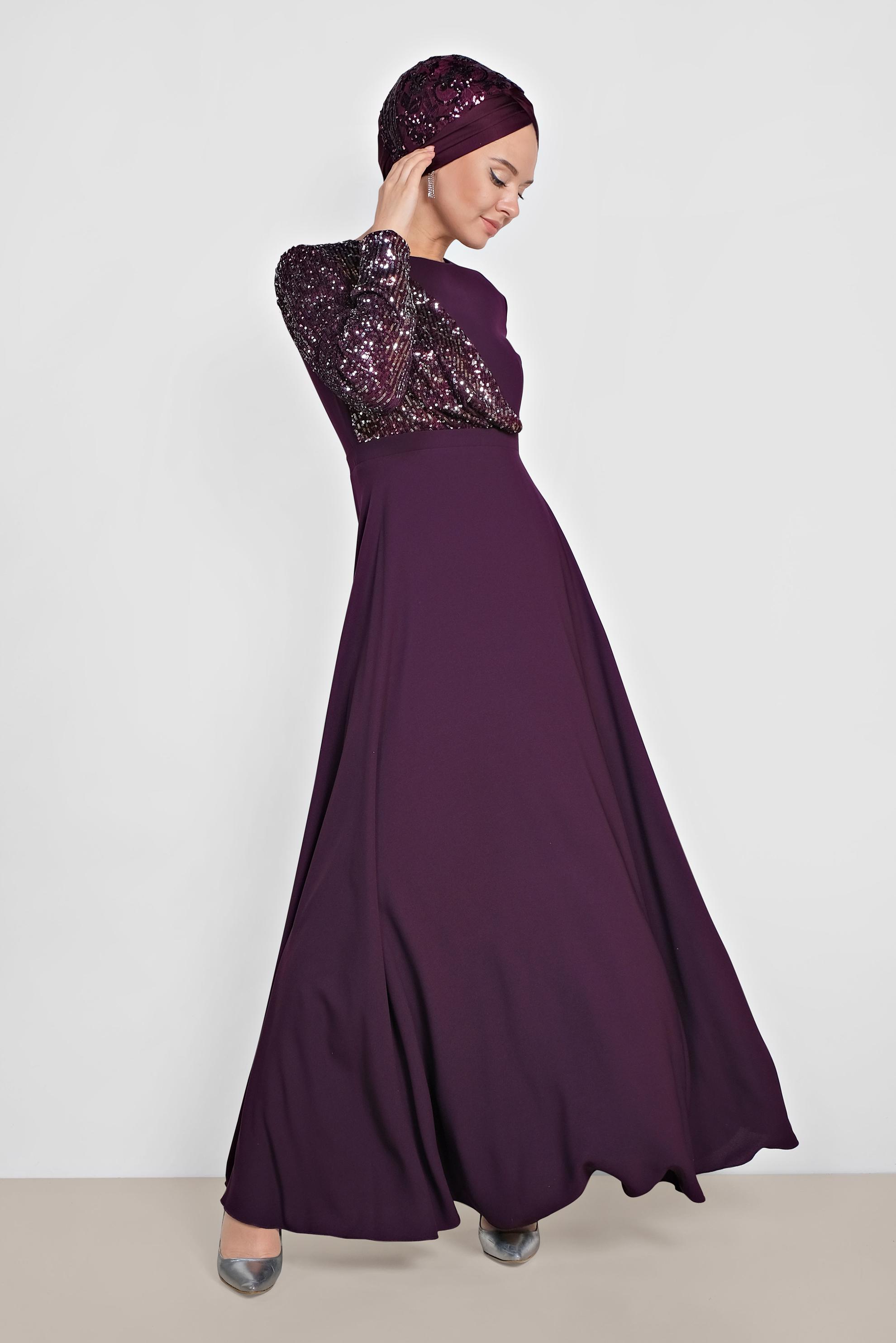 Tesettür giyim MÜRDÜM PUL PAYET DETAYLI ABİYE ELBİSE 4218 