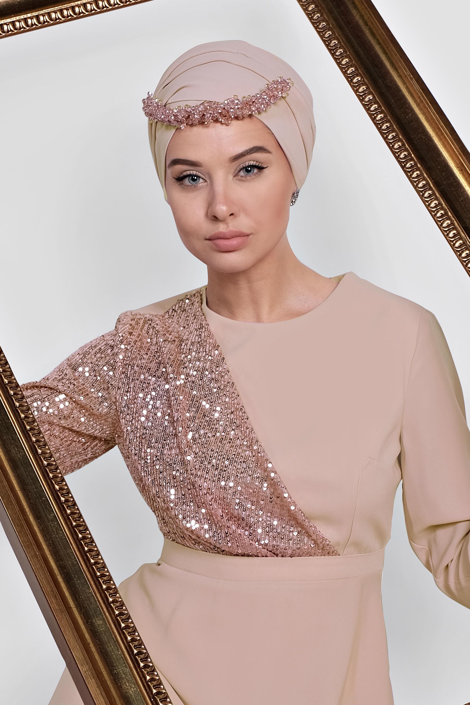 Tesettür giyim PUDRA PUL PAYET DETAYLI ABİYE ELBİSE 4218 